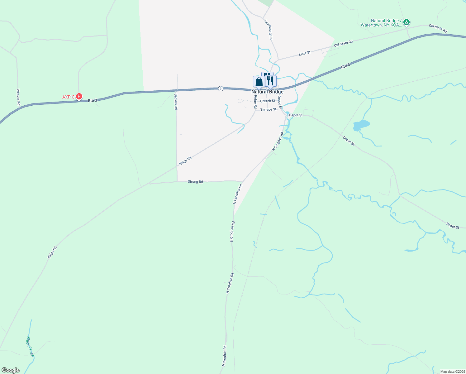 map of restaurants, bars, coffee shops, grocery stores, and more near 27029 N Croghan Rd in Natural Bridge