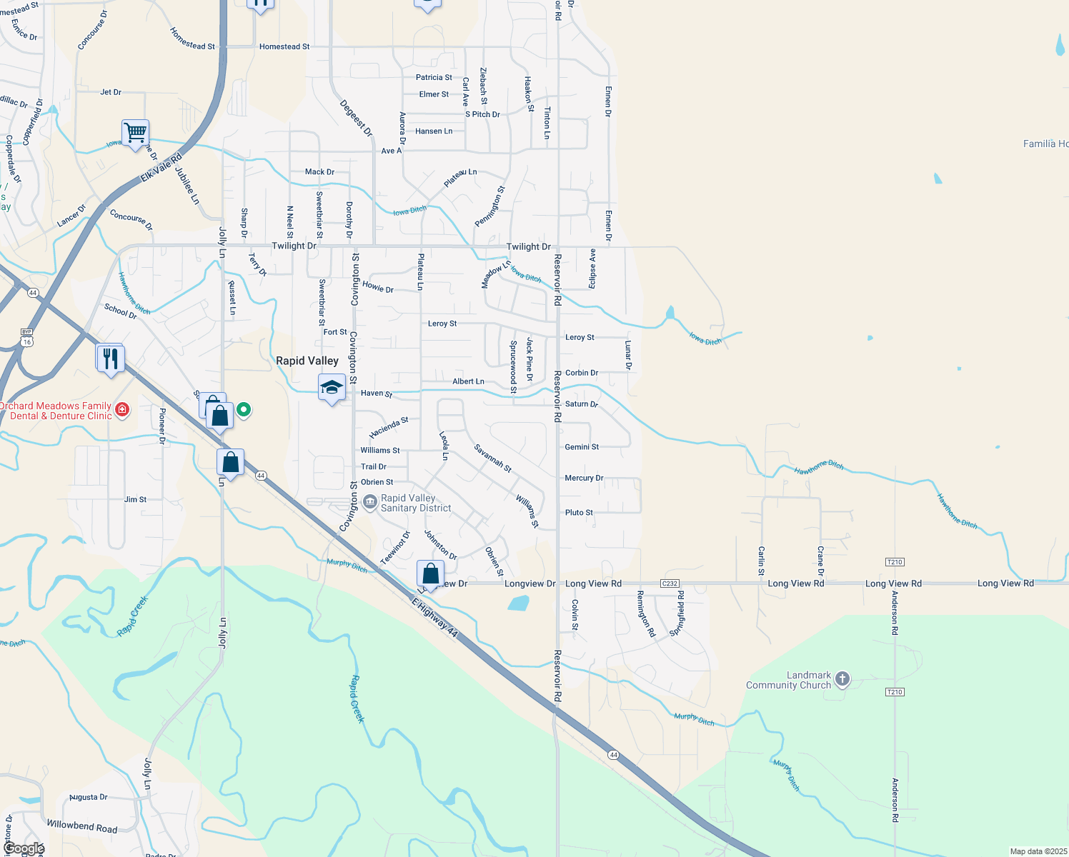 map of restaurants, bars, coffee shops, grocery stores, and more near 2547 Shad St in Rapid City