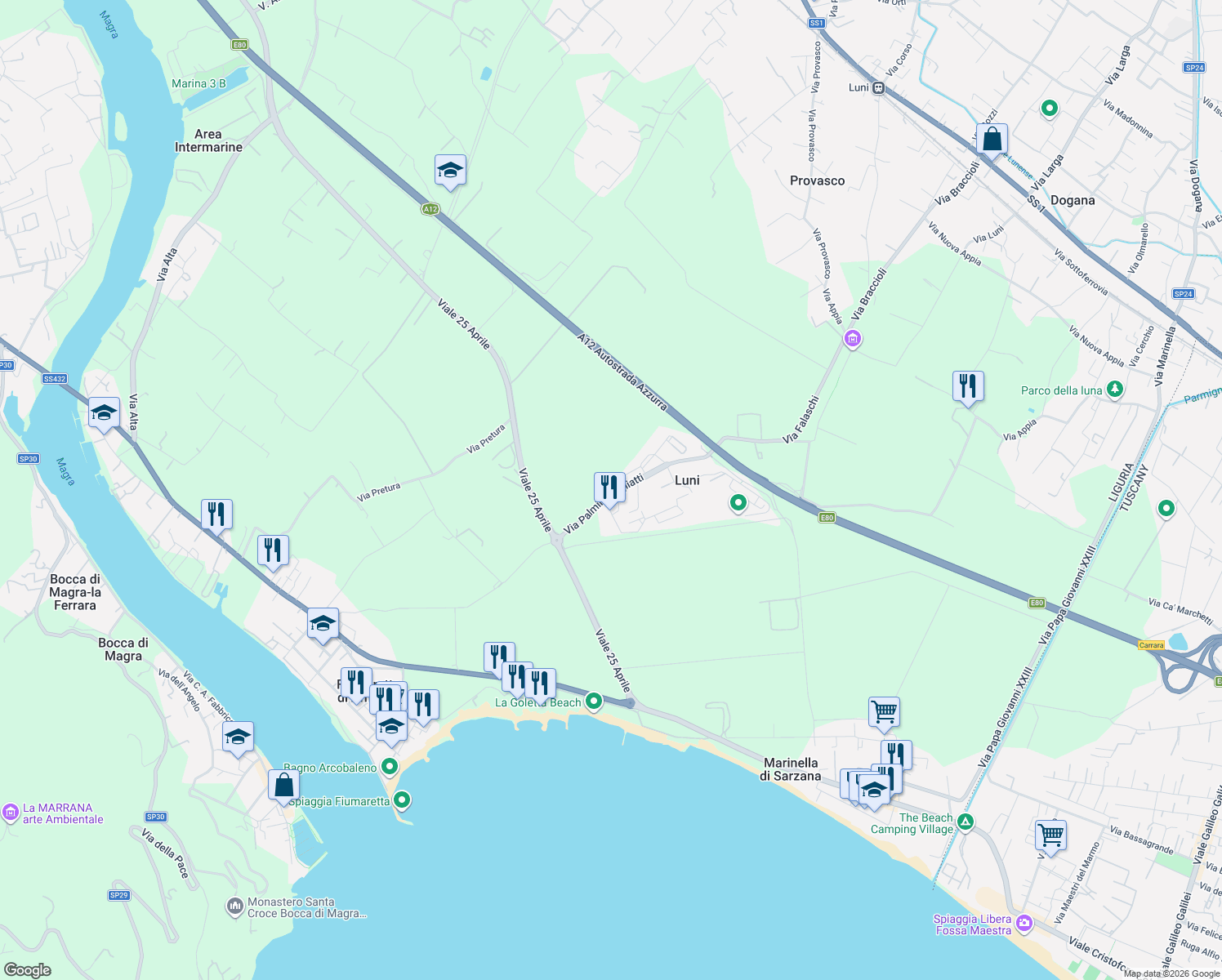map of restaurants, bars, coffee shops, grocery stores, and more near 16 Via Palmiro Togliatti in Luni Mare