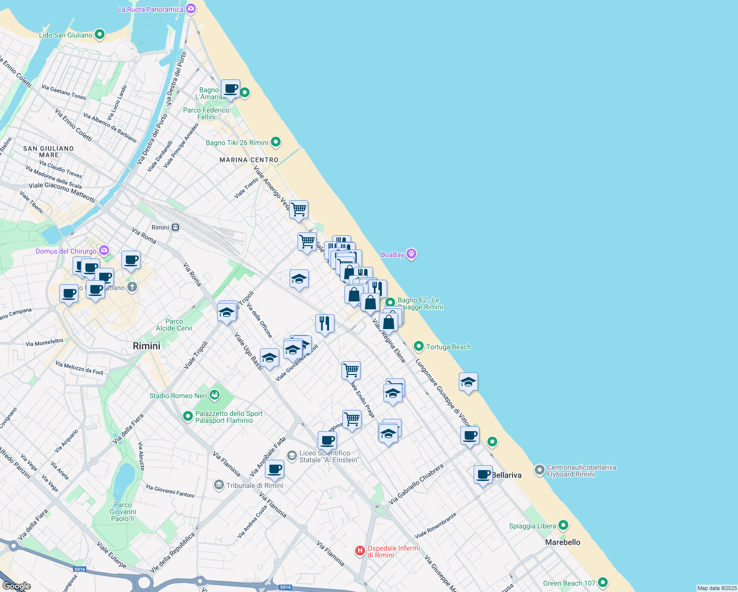 map of restaurants, bars, coffee shops, grocery stores, and more near 69 Lungomare Giuseppe di Vittorio in Rimini