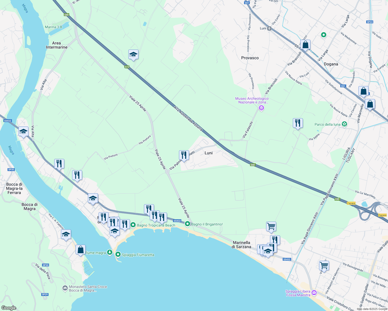 map of restaurants, bars, coffee shops, grocery stores, and more near 5 Via Palmiro Togliatti in Luni Mare