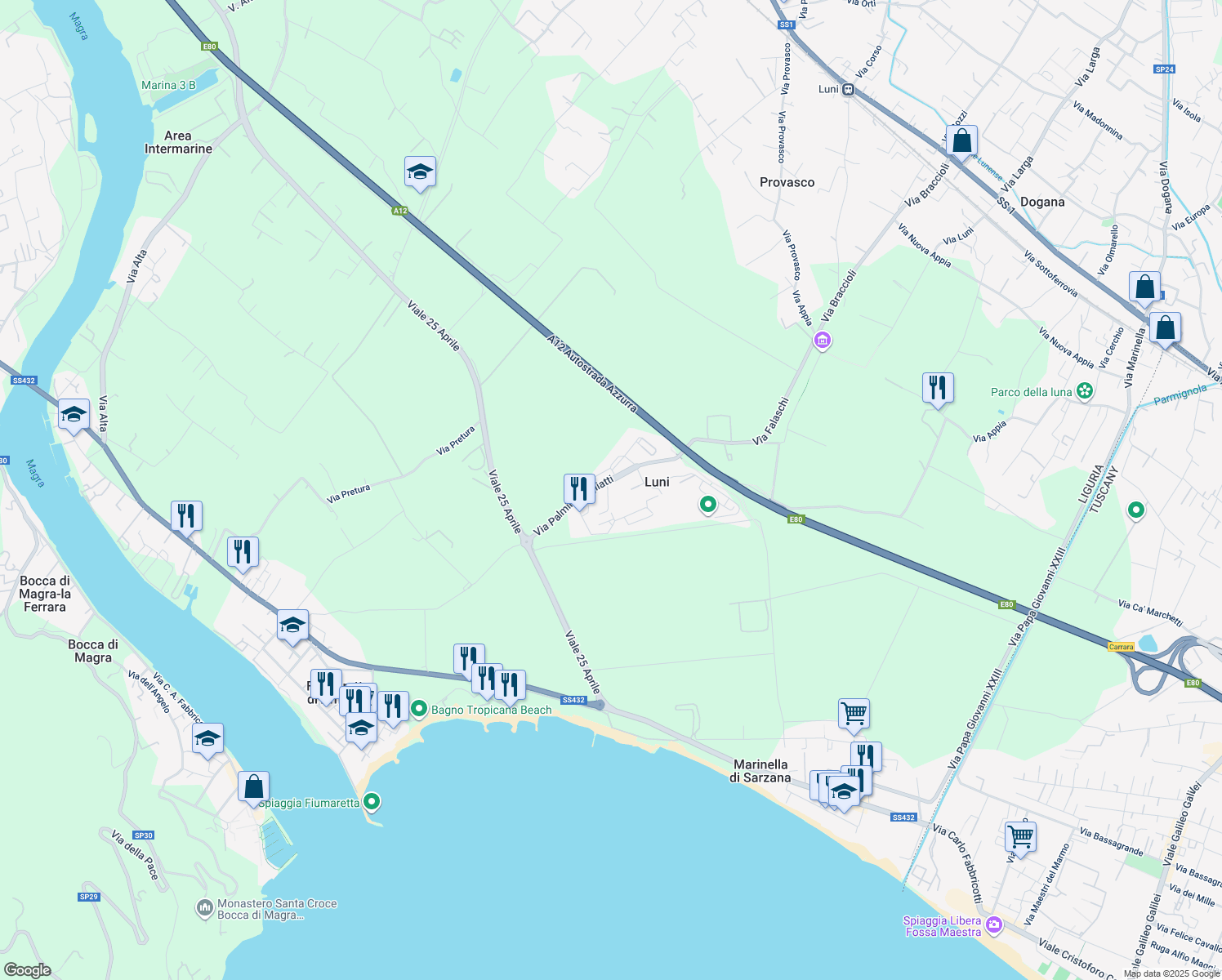 map of restaurants, bars, coffee shops, grocery stores, and more near 5 Via Palmiro Togliatti in Luni Mare