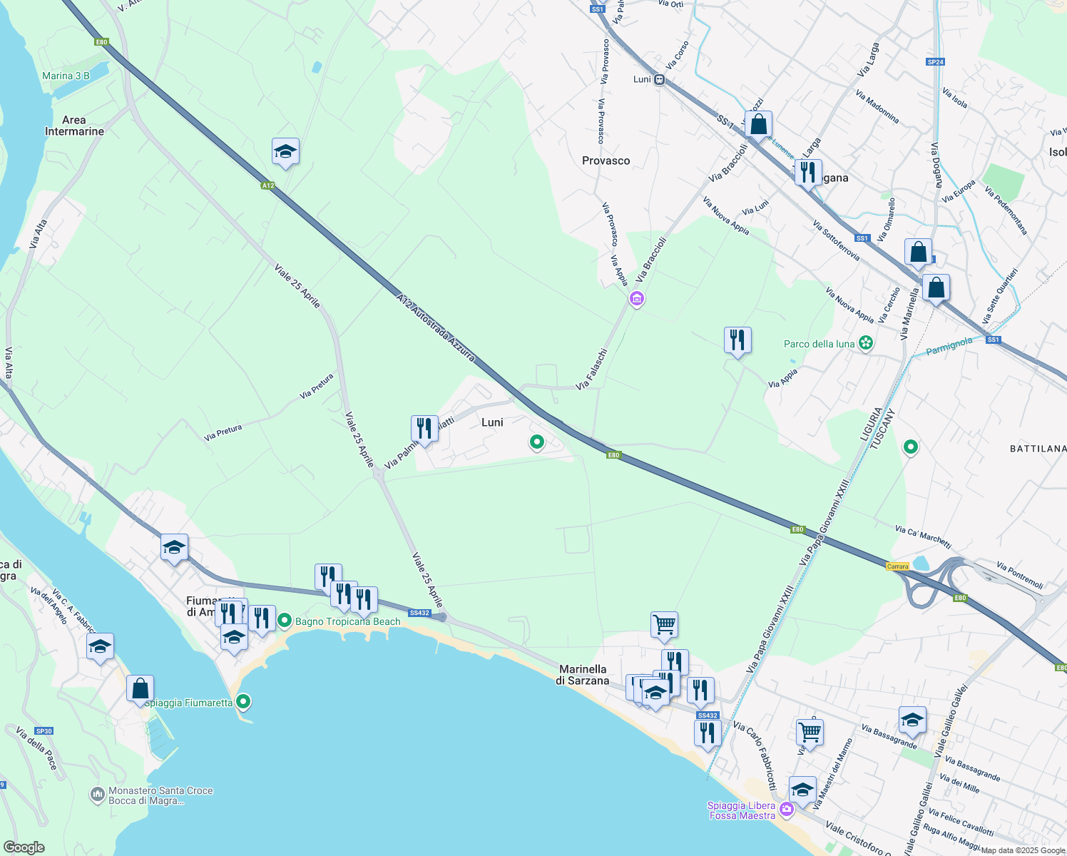 map of restaurants, bars, coffee shops, grocery stores, and more near 24 Via Fratelli Rosselli in Luni Mare