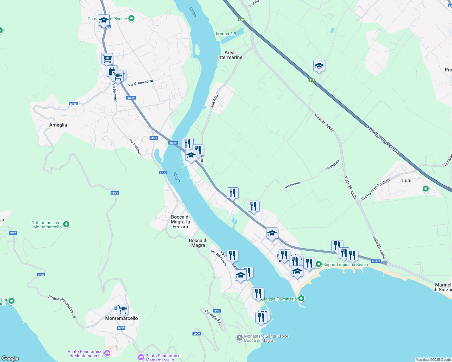 map of restaurants, bars, coffee shops, grocery stores, and more near 20 SP432 in Provincia della Spezia
