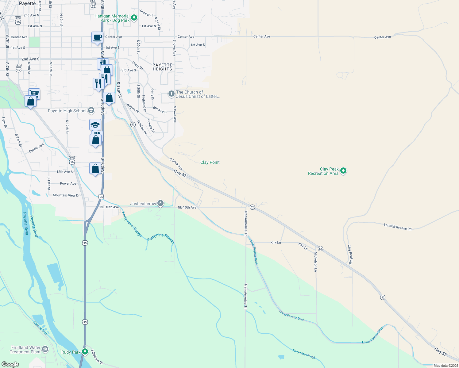 map of restaurants, bars, coffee shops, grocery stores, and more near 2180 Idaho 52 in Payette