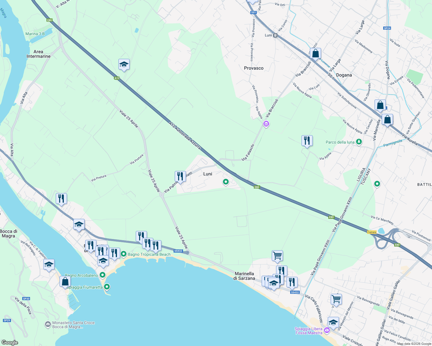map of restaurants, bars, coffee shops, grocery stores, and more near 2 Piazza Giuseppe di Vittorio in Luni Mare