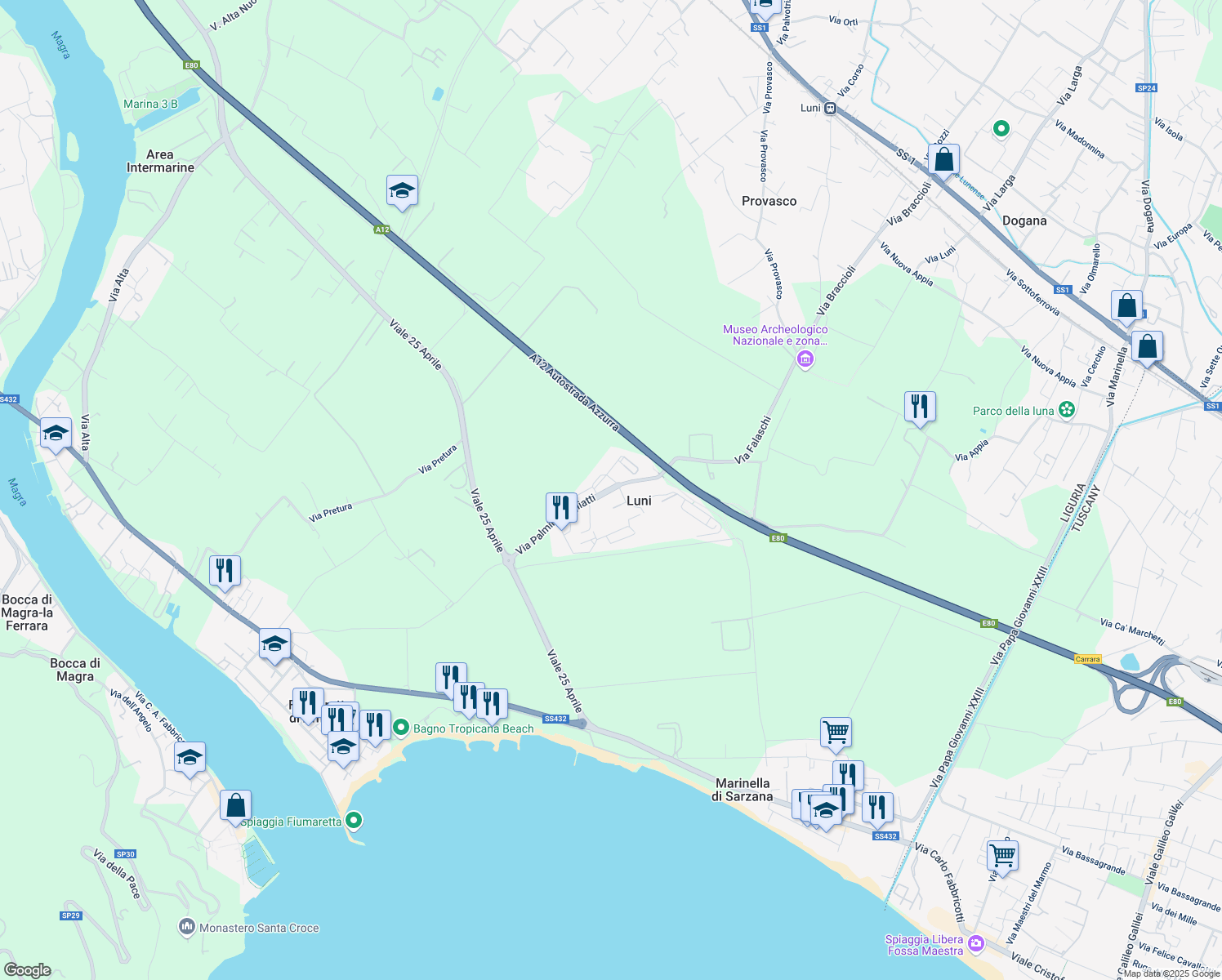 map of restaurants, bars, coffee shops, grocery stores, and more near 1 Via g .matteotti in Luni Mare