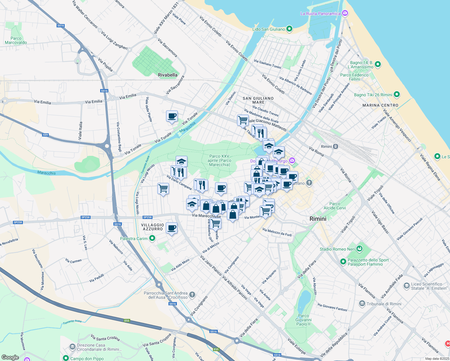 map of restaurants, bars, coffee shops, grocery stores, and more near 64 Via Giulio Mario Ceccarelli in Rimini