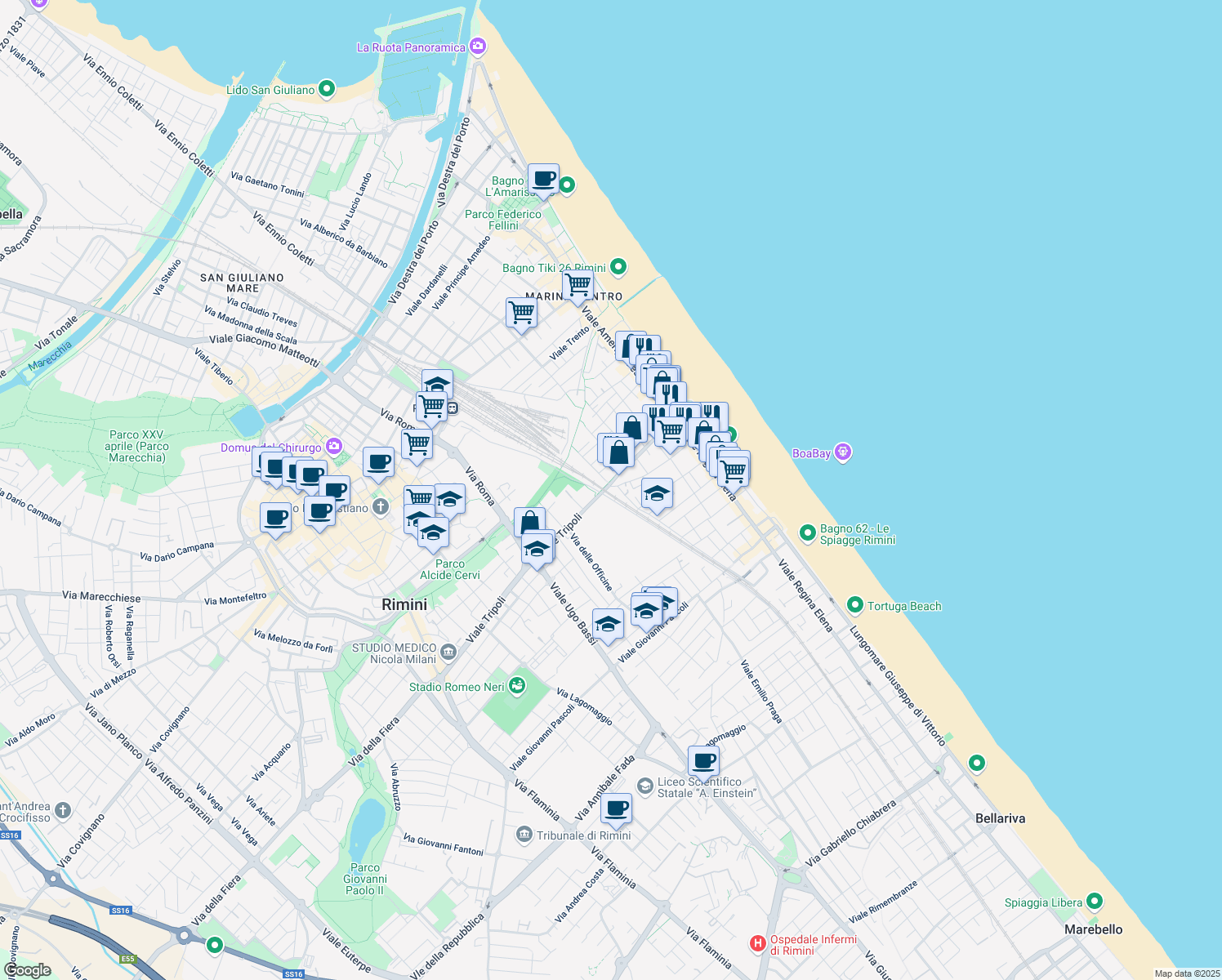 map of restaurants, bars, coffee shops, grocery stores, and more near 191 Viale Tripoli in Rimini