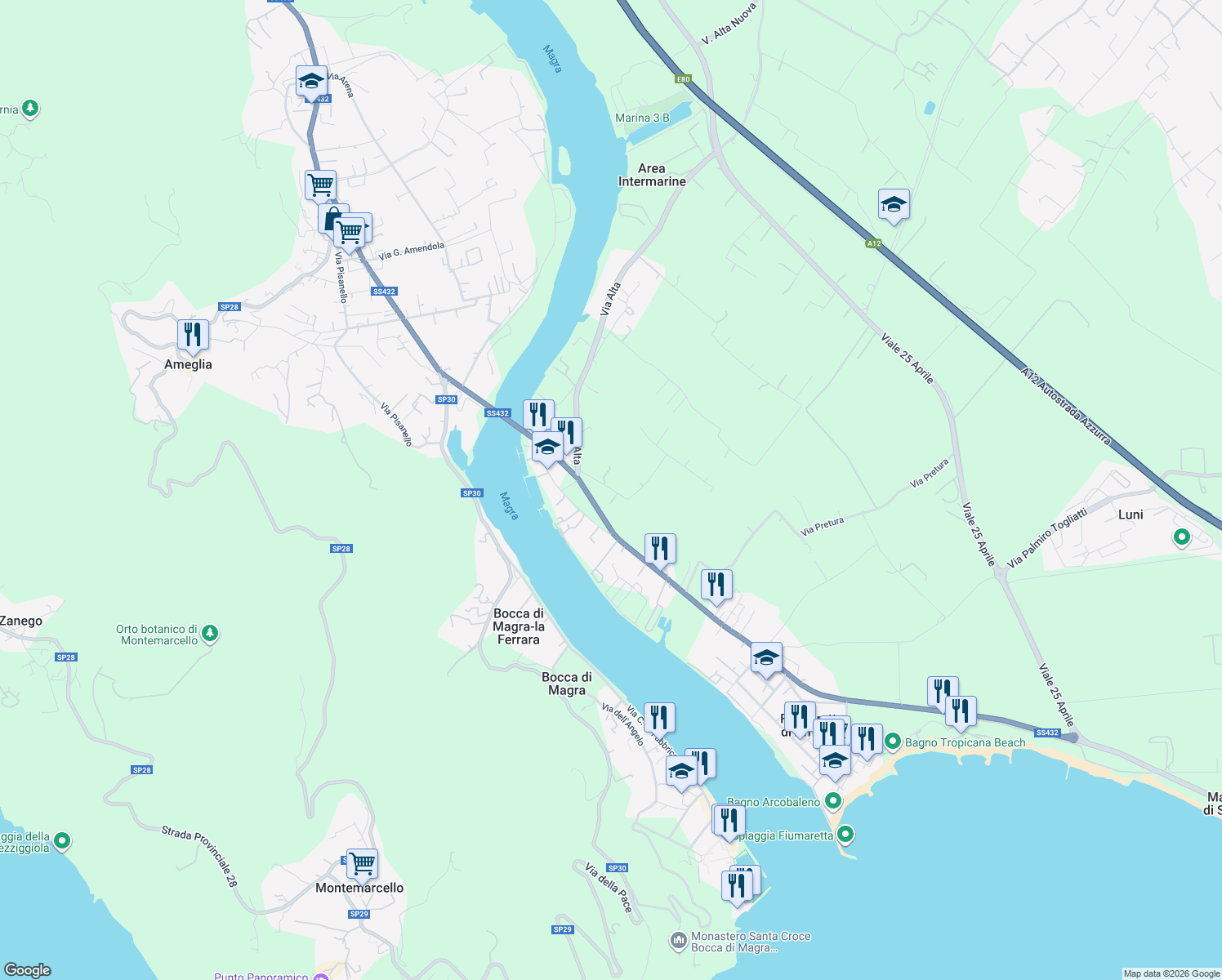 map of restaurants, bars, coffee shops, grocery stores, and more near 4 Via Margubbio in Ameglia