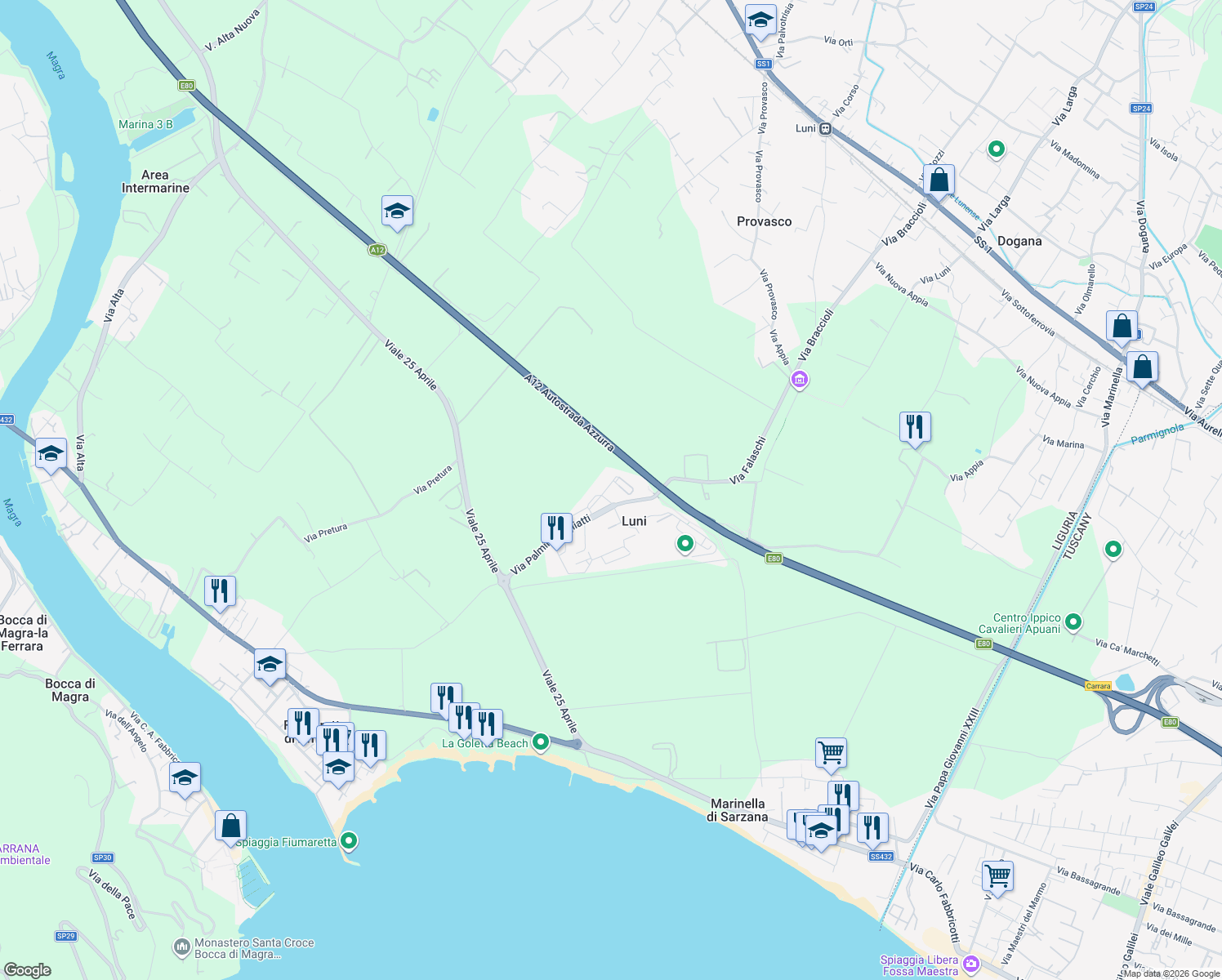 map of restaurants, bars, coffee shops, grocery stores, and more near 1 Via g .matteotti in Luni Mare