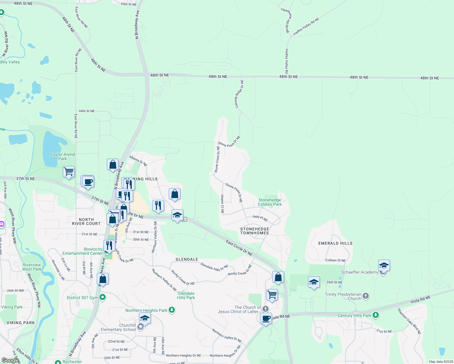 map of restaurants, bars, coffee shops, grocery stores, and more near 3752 Stone Point Drive Northeast in Rochester