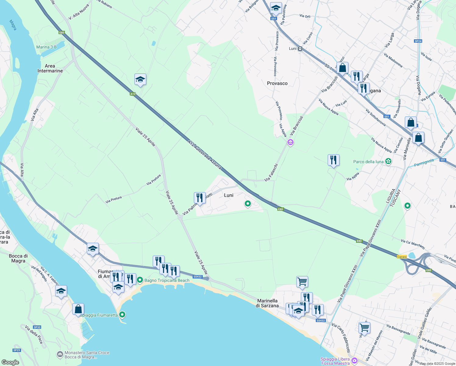map of restaurants, bars, coffee shops, grocery stores, and more near Piazza della repubblica in Luni Mare