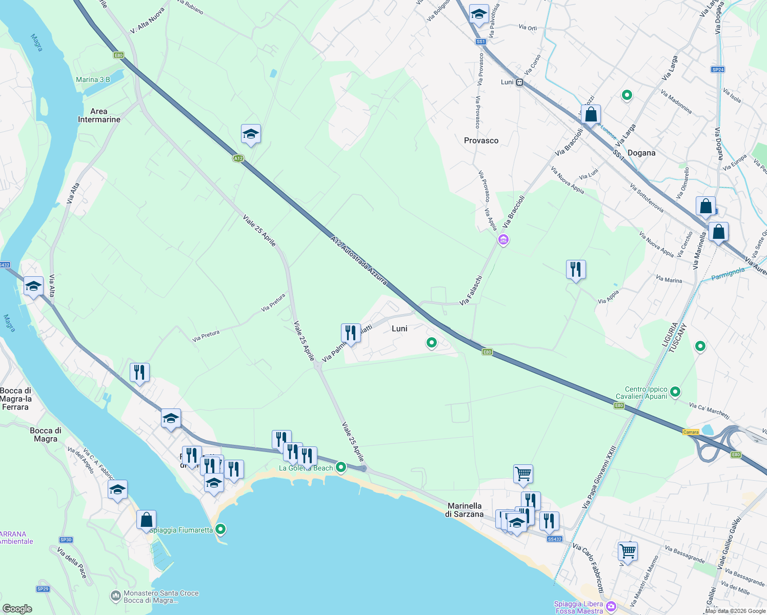 map of restaurants, bars, coffee shops, grocery stores, and more near 1 Via g .matteotti in Luni Mare