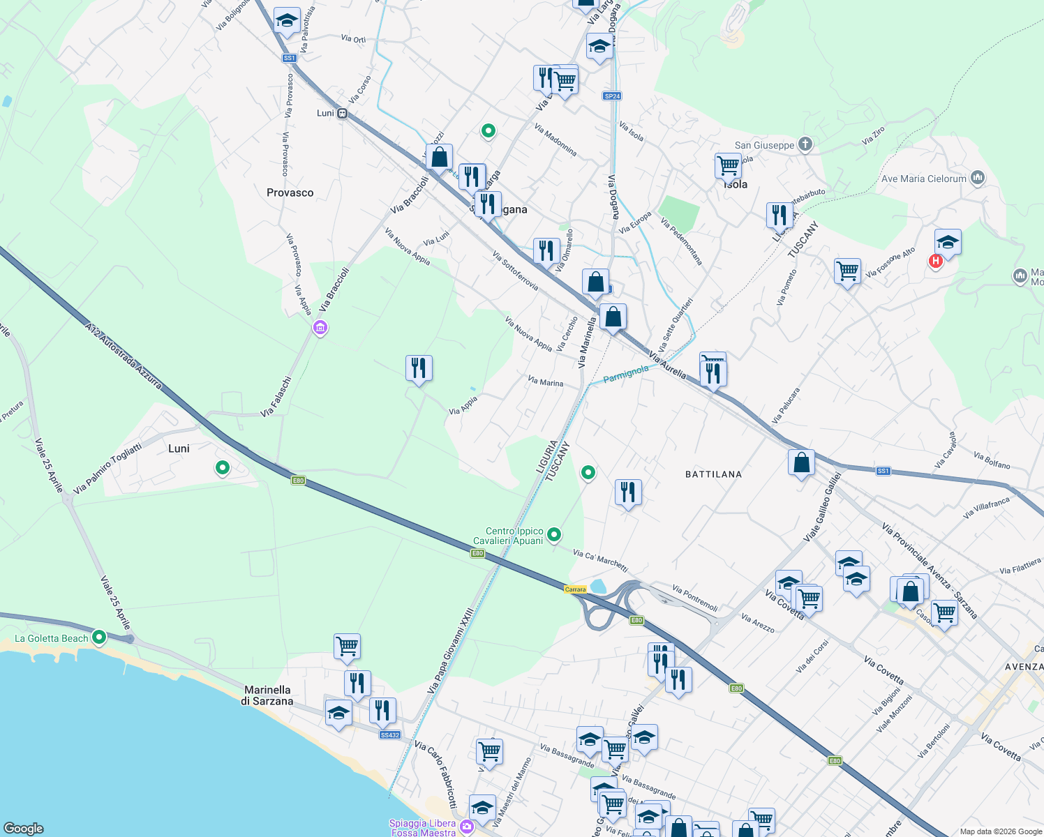 map of restaurants, bars, coffee shops, grocery stores, and more near 17 Via Marina in Casano