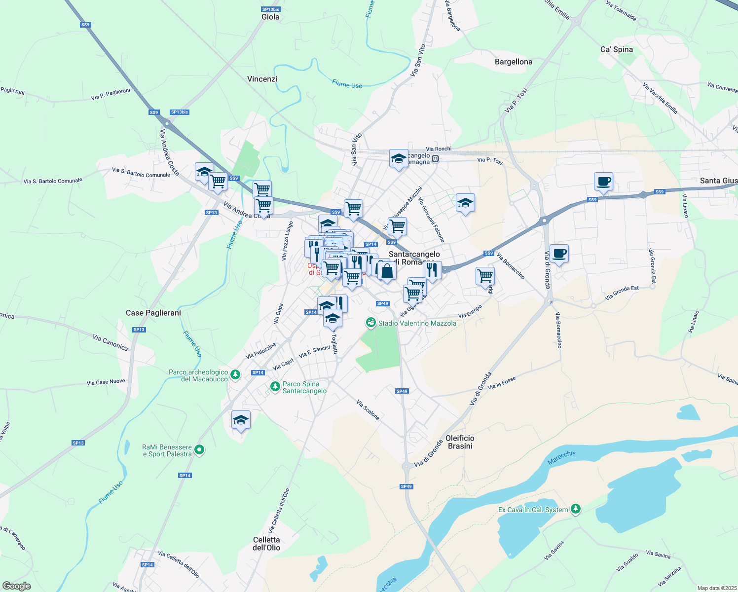 map of restaurants, bars, coffee shops, grocery stores, and more near 26 Via Dante di Nanni in Santarcangelo di Romagna