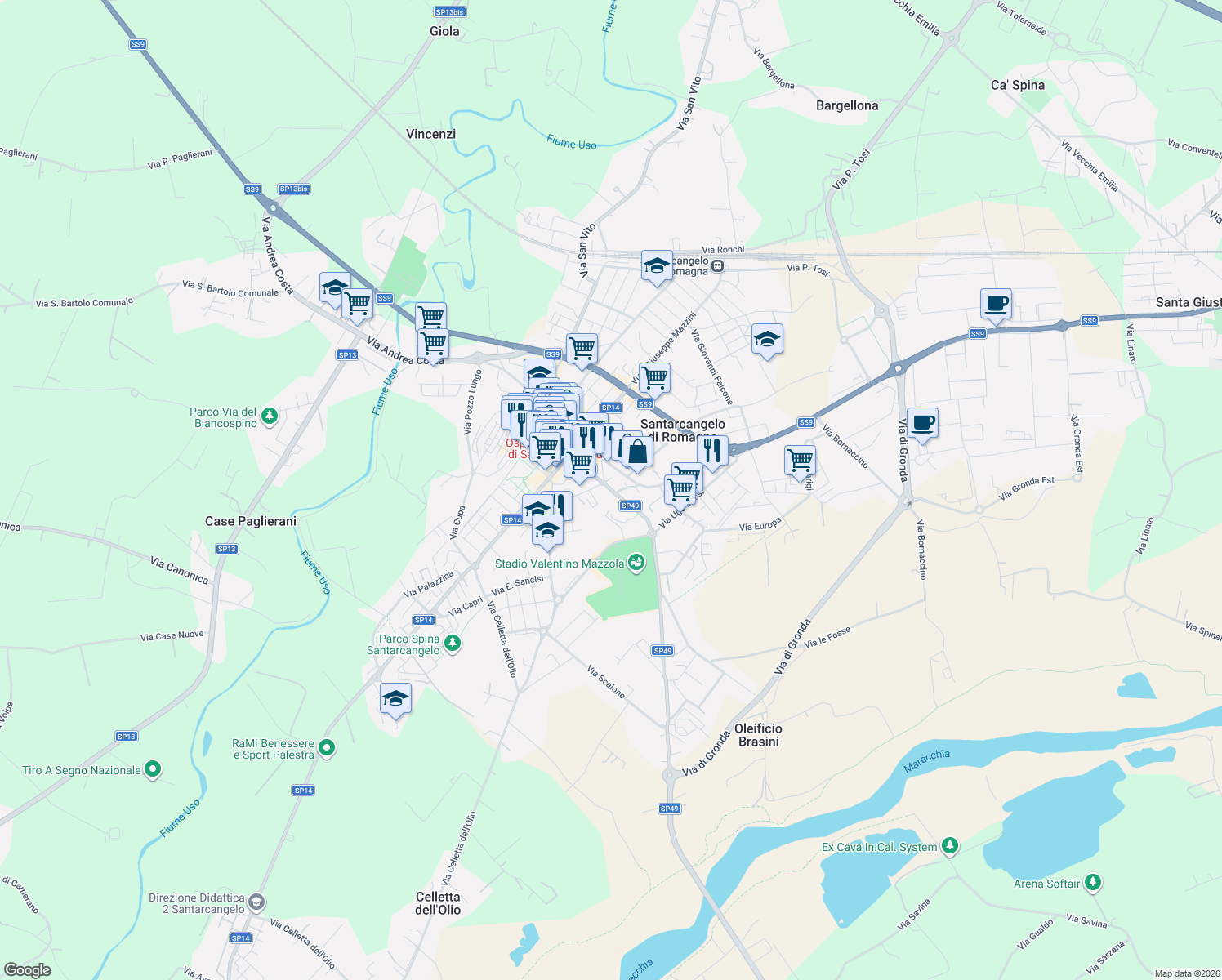 map of restaurants, bars, coffee shops, grocery stores, and more near 26 Via Dante di Nanni in Santarcangelo di Romagna