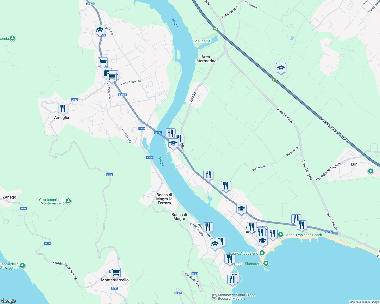 map of restaurants, bars, coffee shops, grocery stores, and more near 4 Via Margubbio in Ameglia