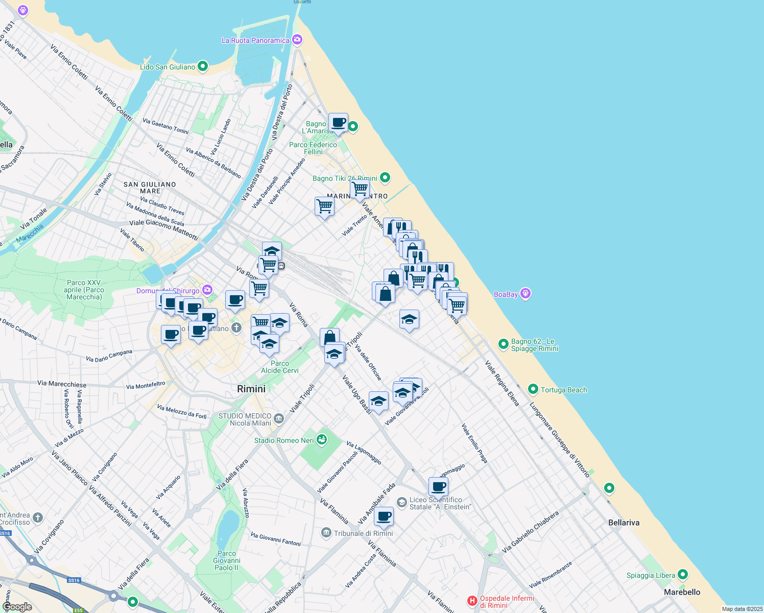 map of restaurants, bars, coffee shops, grocery stores, and more near 191 Viale Tripoli in Rimini