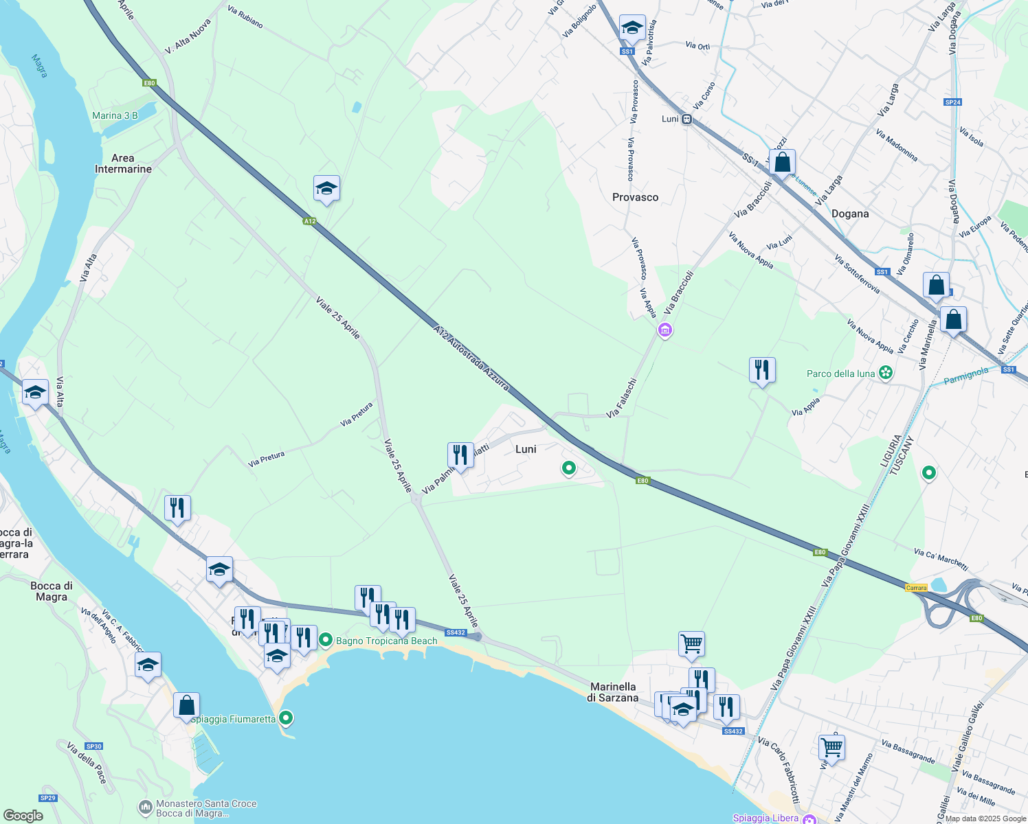 map of restaurants, bars, coffee shops, grocery stores, and more near 1 Via g .matteotti in Luni Mare