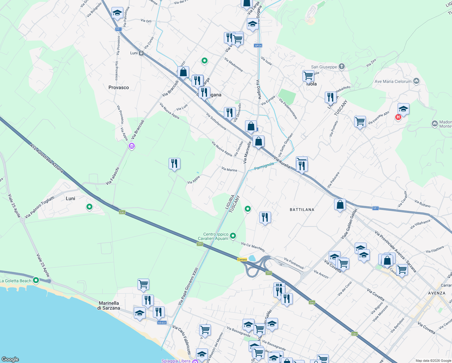 map of restaurants, bars, coffee shops, grocery stores, and more near 17 Via Marina in Casano