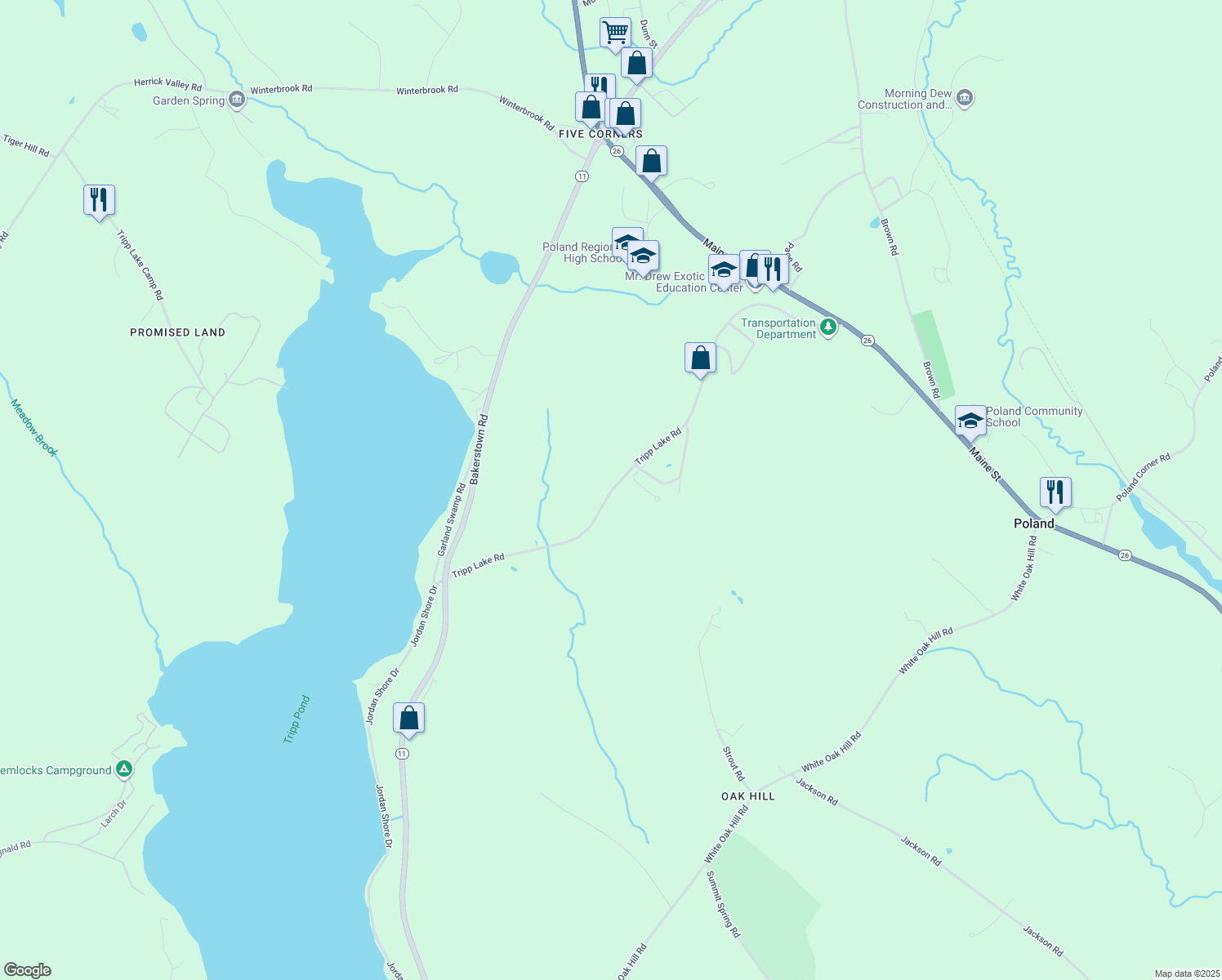 map of restaurants, bars, coffee shops, grocery stores, and more near 265 Tripp Lake Road in Poland