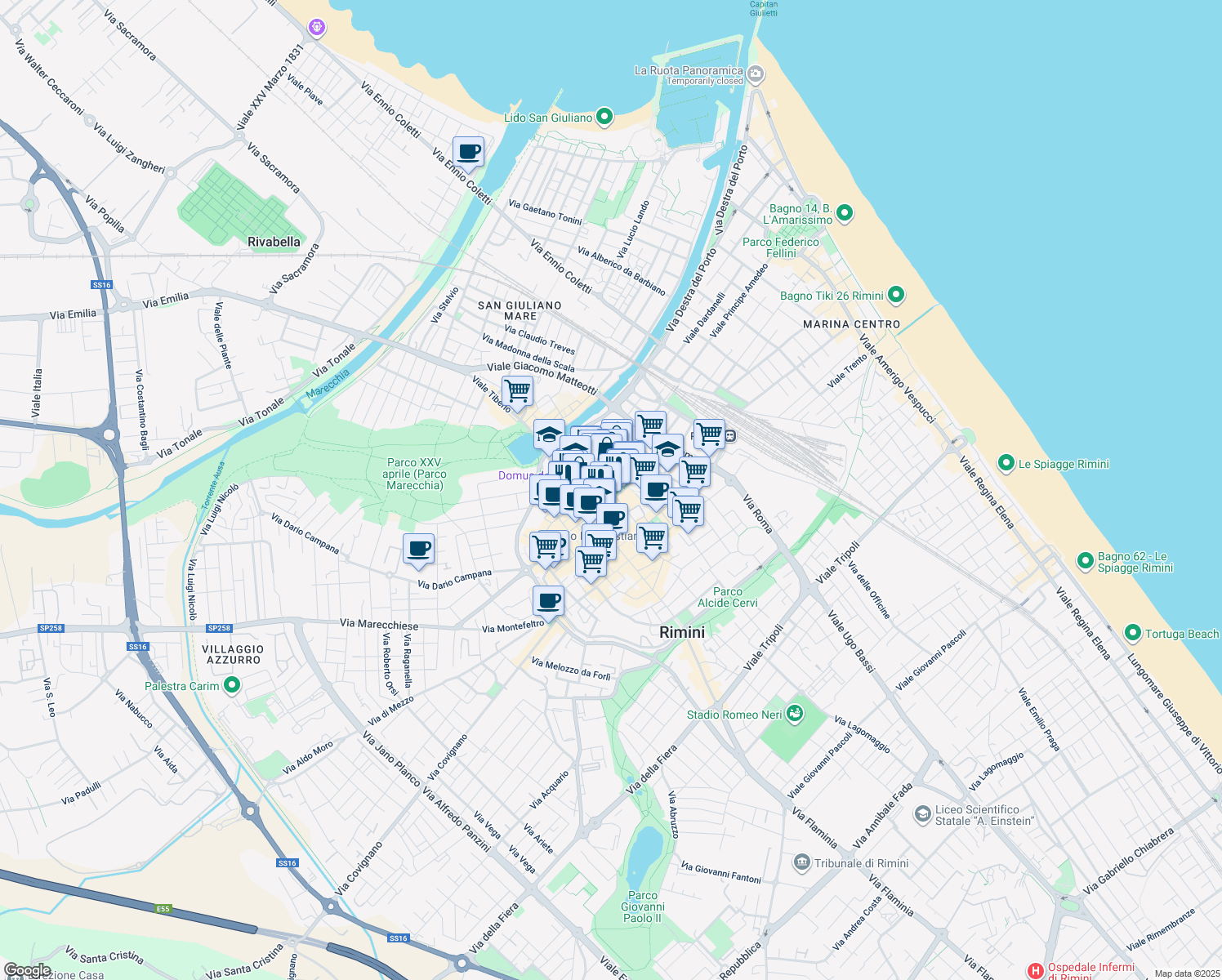 map of restaurants, bars, coffee shops, grocery stores, and more near 16-26 Corso Papa Giovanni XXIII in Rimini