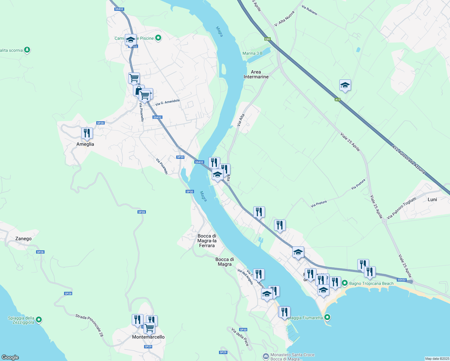 map of restaurants, bars, coffee shops, grocery stores, and more near 11 Via Litoranea in La Spezia