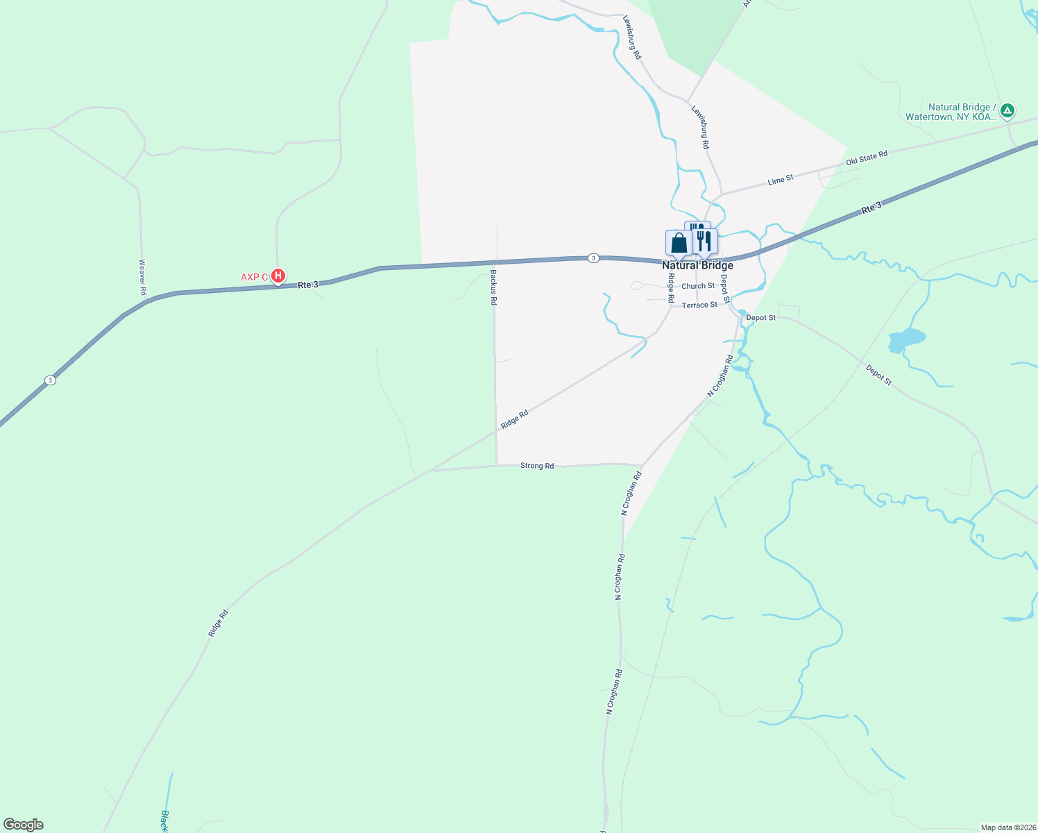 map of restaurants, bars, coffee shops, grocery stores, and more near 43869 County Road 41 in Natural Bridge