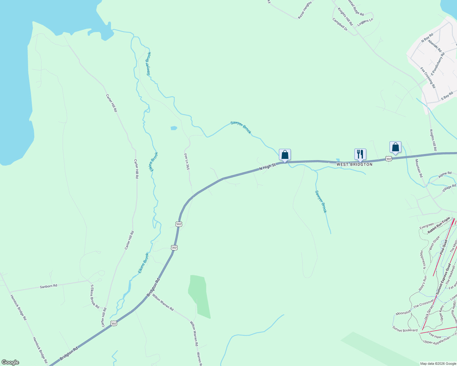map of restaurants, bars, coffee shops, grocery stores, and more near 28 Colony Lane in Bridgton