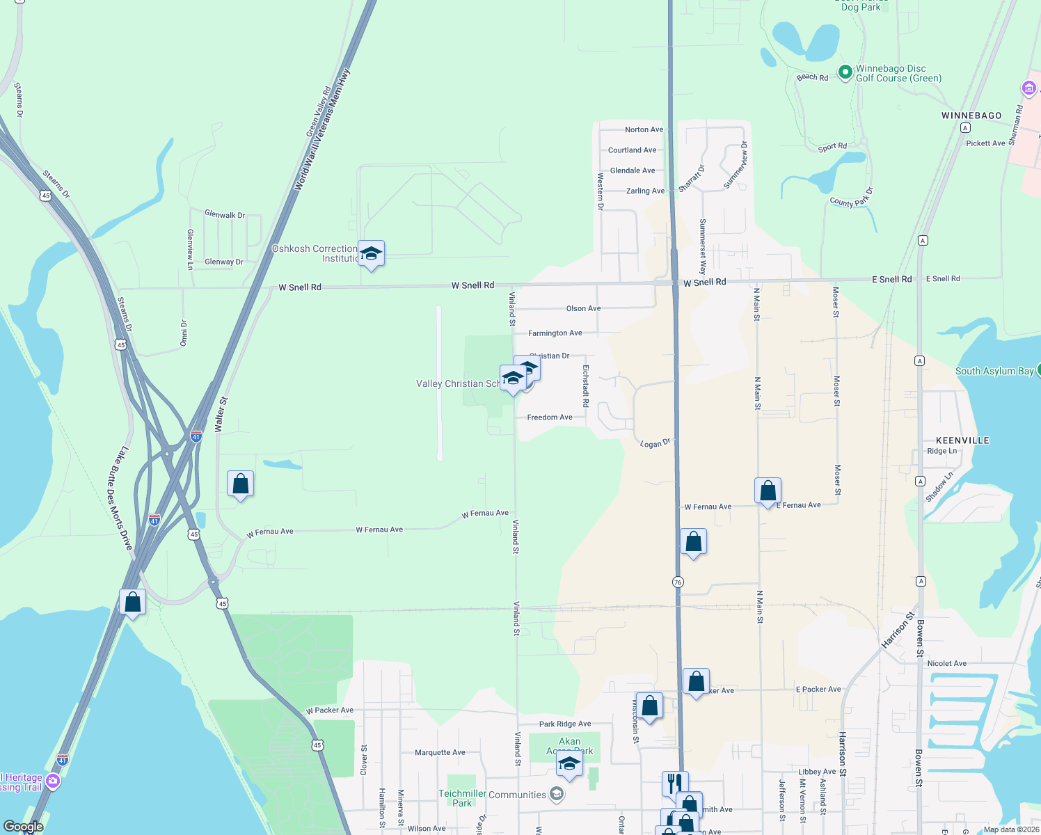 map of restaurants, bars, coffee shops, grocery stores, and more near 1180 Freedom Avenue in Oshkosh
