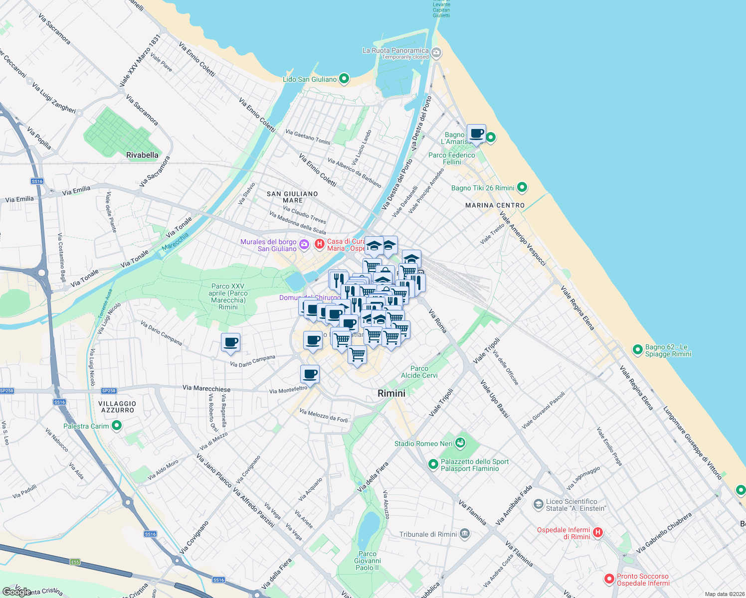 map of restaurants, bars, coffee shops, grocery stores, and more near 26 Via Guglielmo Oberdan in Rimini