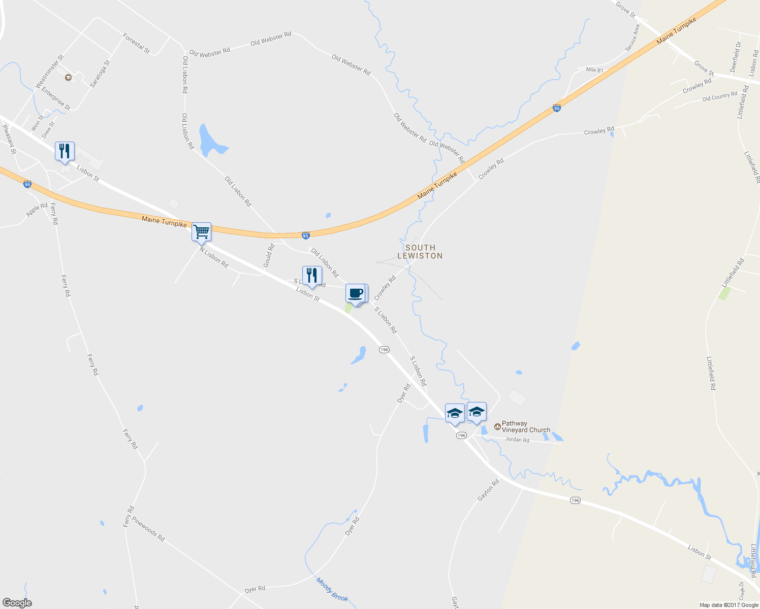 map of restaurants, bars, coffee shops, grocery stores, and more near 44 S Lisbon Rd in Lewiston