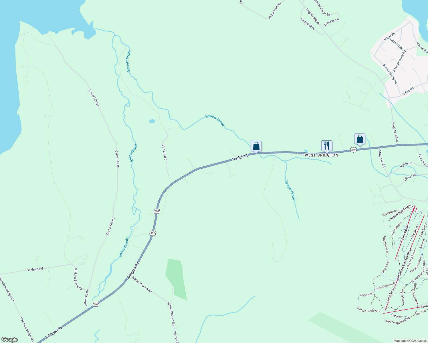 map of restaurants, bars, coffee shops, grocery stores, and more near 28 Colony Lane in Bridgton
