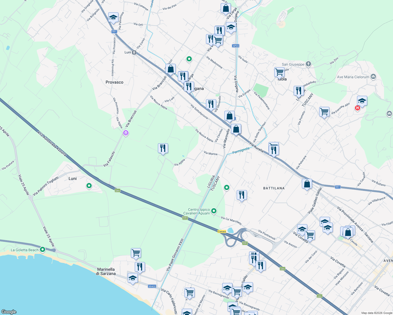 map of restaurants, bars, coffee shops, grocery stores, and more near 68 Via Calcina in Casano