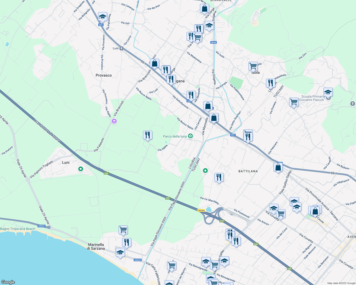 map of restaurants, bars, coffee shops, grocery stores, and more near 68 Via Calcina in Casano