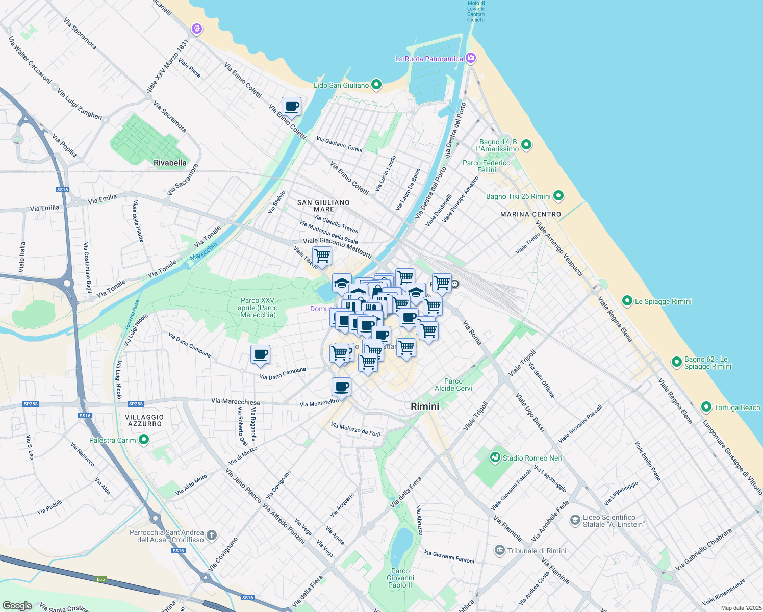 map of restaurants, bars, coffee shops, grocery stores, and more near 26 Corso Giovanni XXIII in Rimini