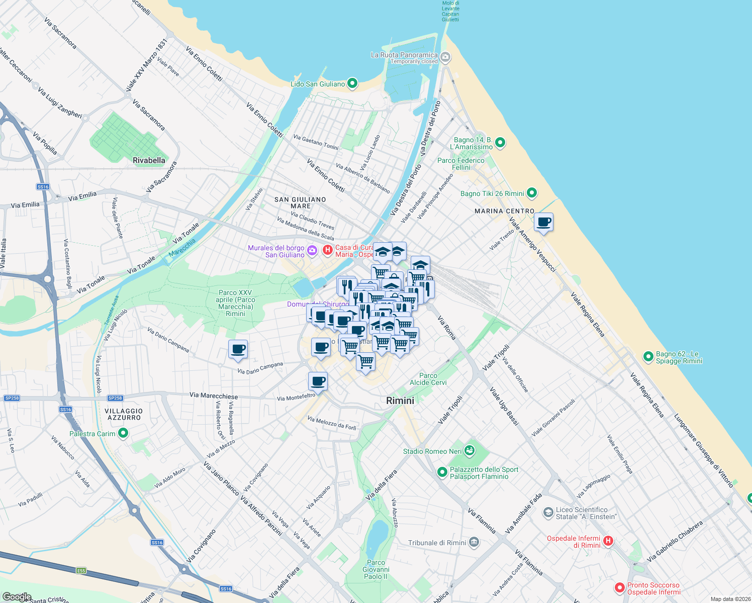 map of restaurants, bars, coffee shops, grocery stores, and more near 26 Via G. Oberdan in Rimini