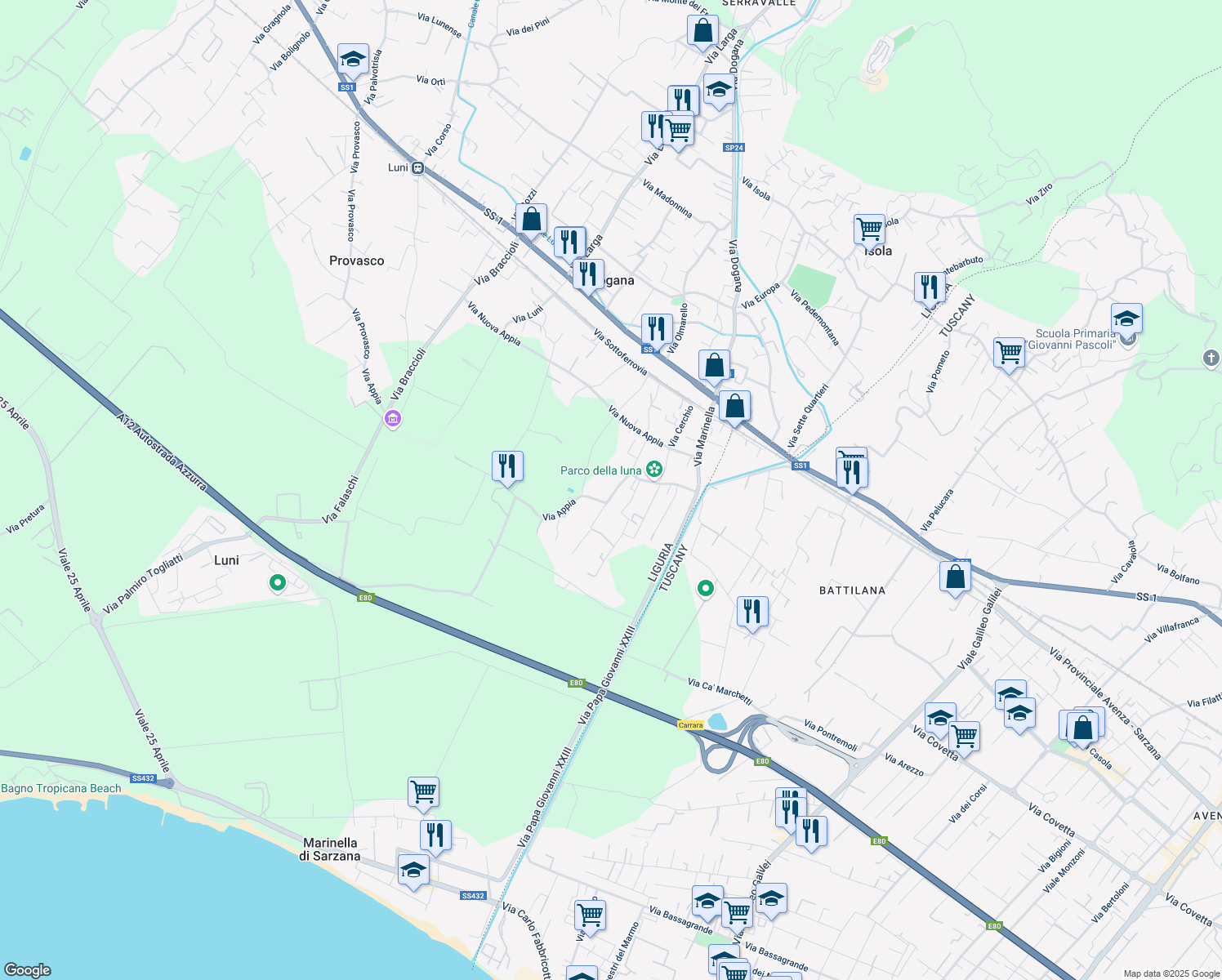 map of restaurants, bars, coffee shops, grocery stores, and more near 68 Via Calcina in Casano