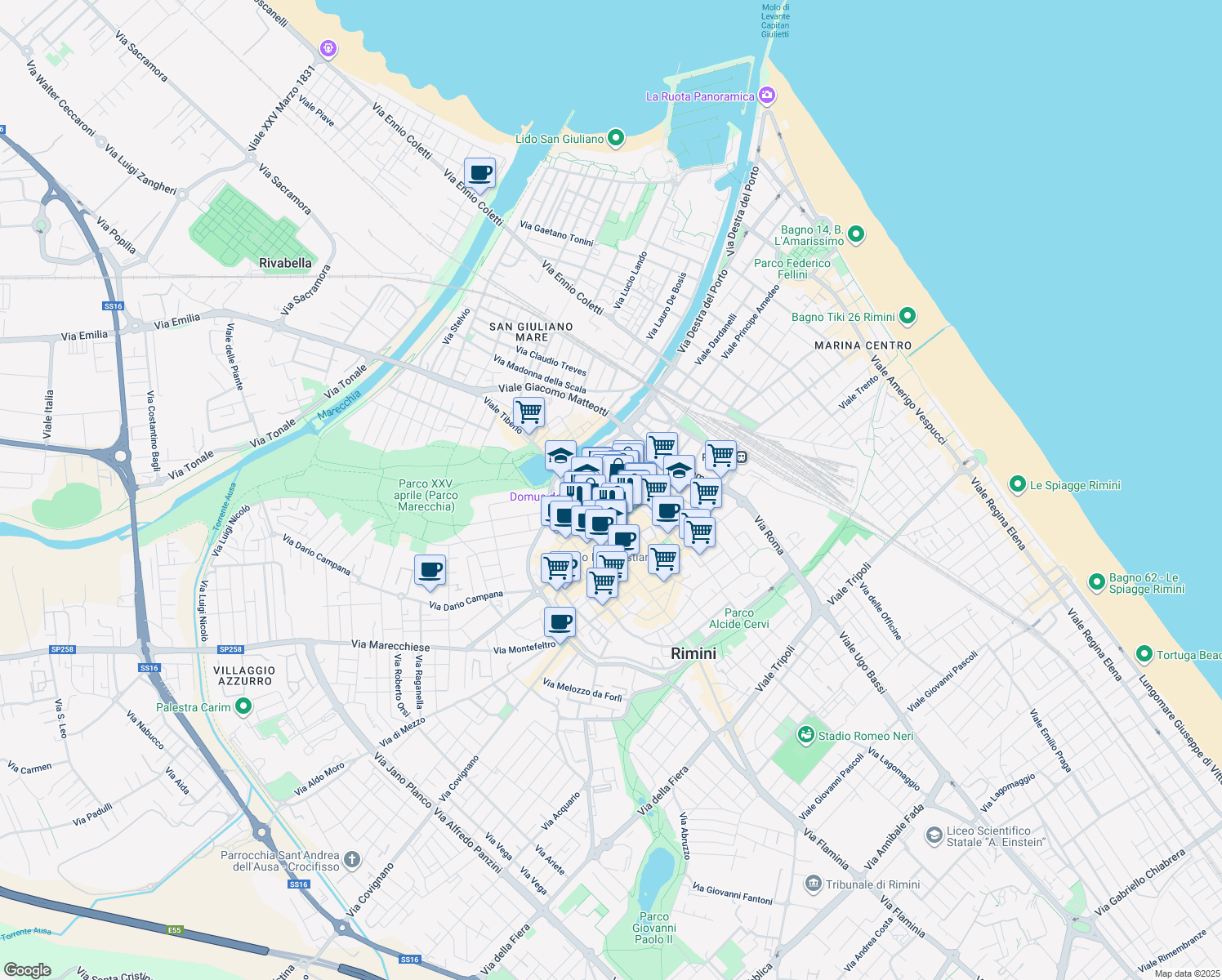map of restaurants, bars, coffee shops, grocery stores, and more near 16-26 Corso Papa Giovanni XXIII in Rimini