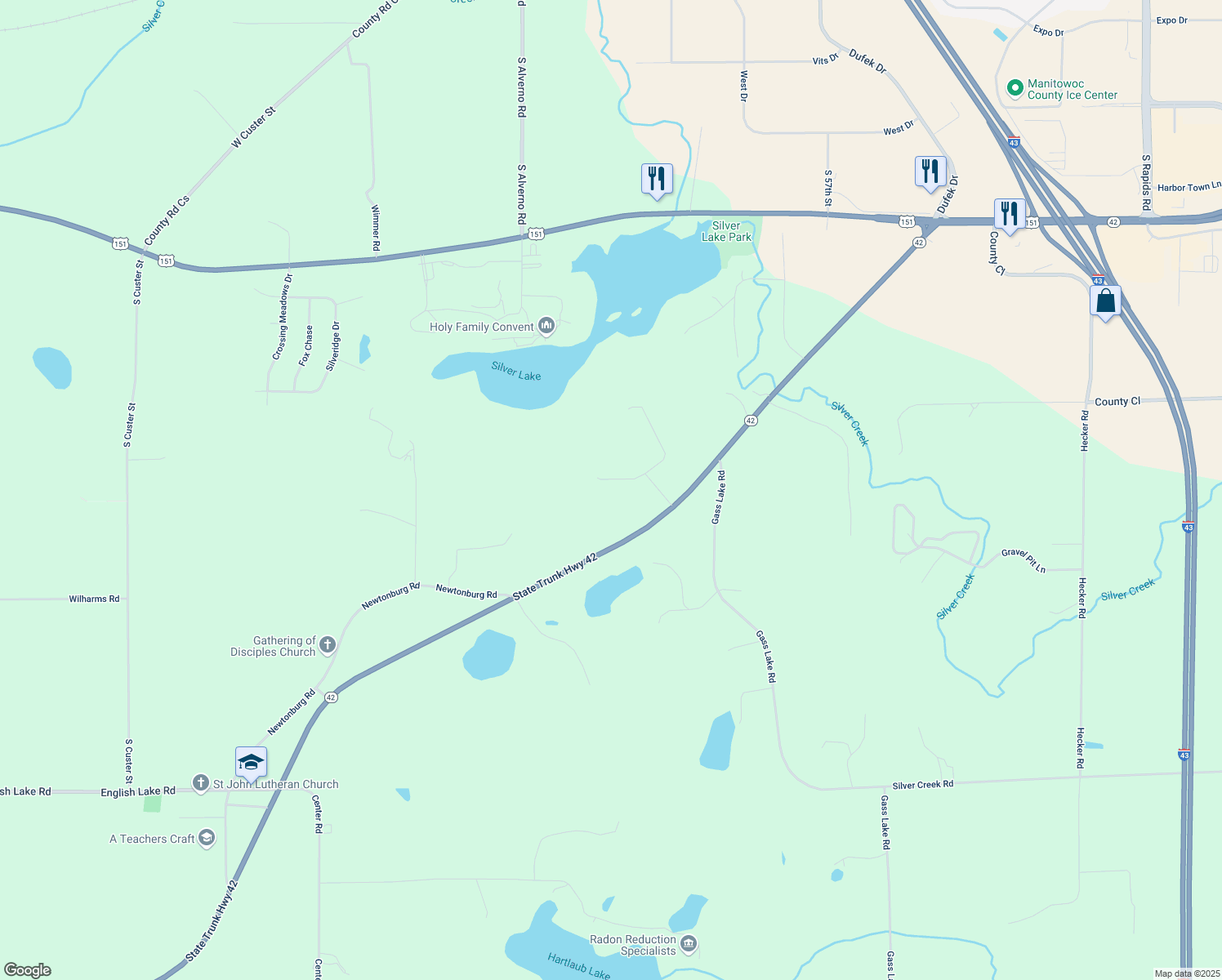 map of restaurants, bars, coffee shops, grocery stores, and more near 3121 Rolling Hills Dr in Manitowoc