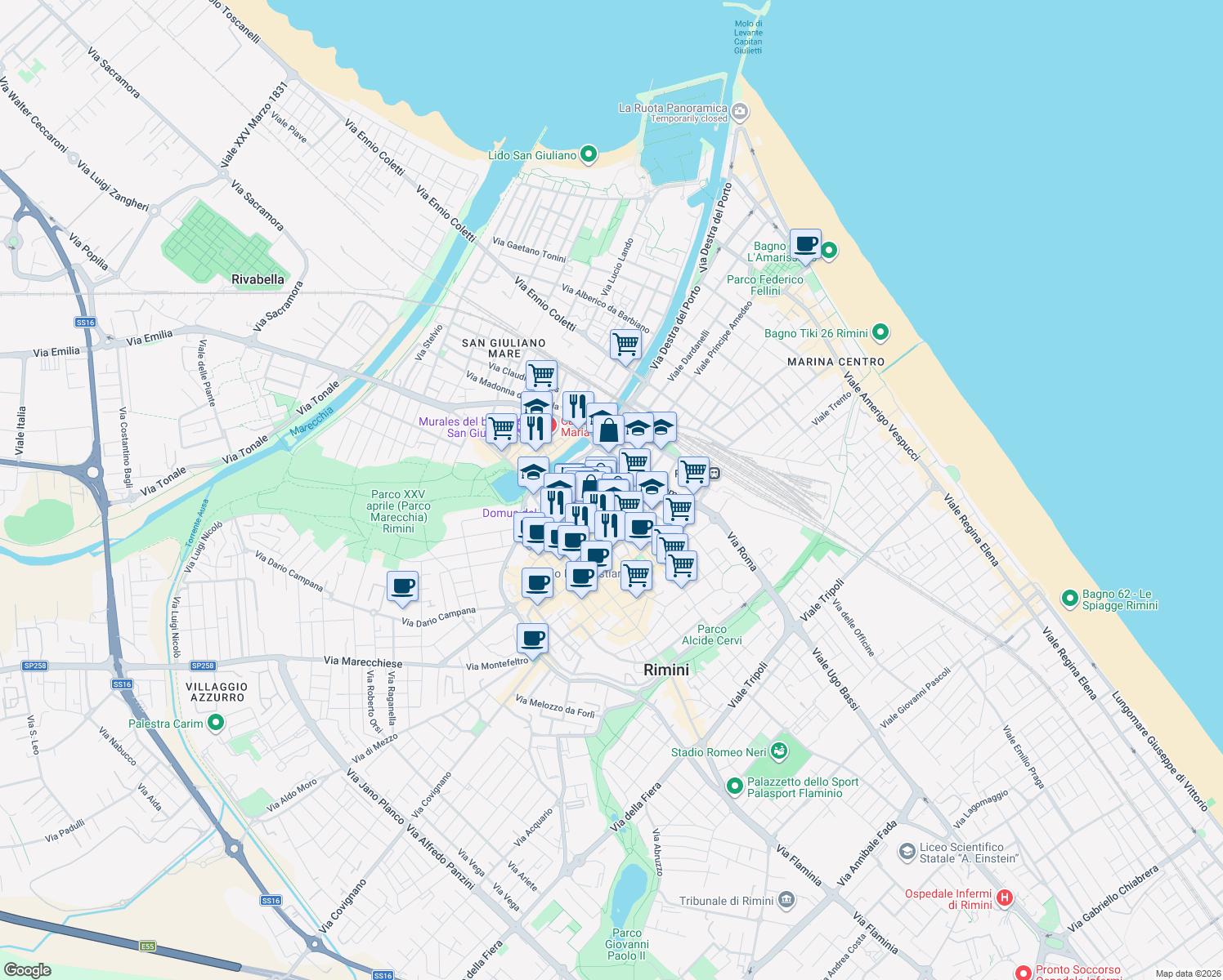 map of restaurants, bars, coffee shops, grocery stores, and more near 5 Via Vittime civili di guerra in Rimini