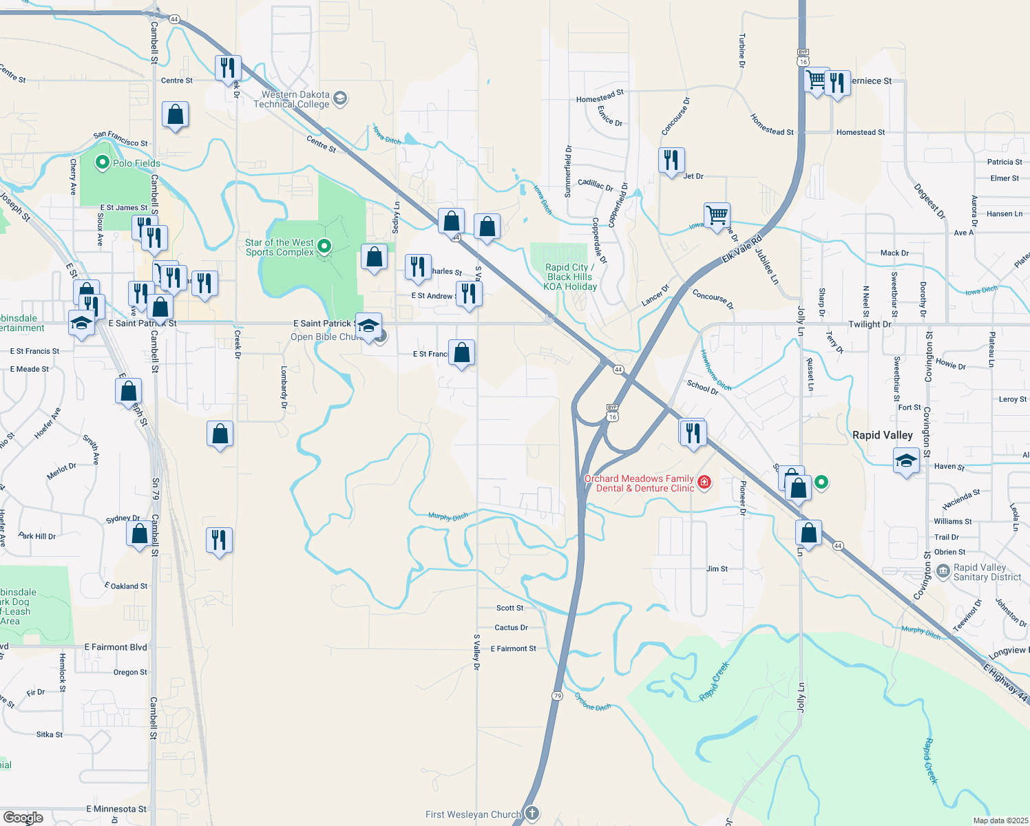 map of restaurants, bars, coffee shops, grocery stores, and more near 2816 Eden Lane in Rapid City
