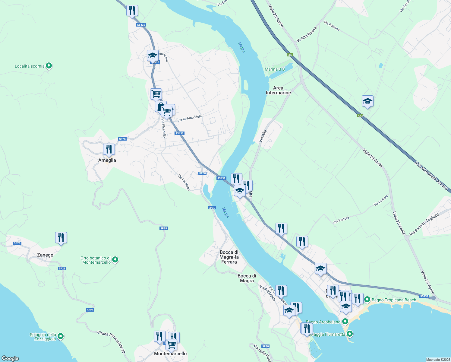 map of restaurants, bars, coffee shops, grocery stores, and more near 7 Via Poggio Scafa in Provincia della Spezia