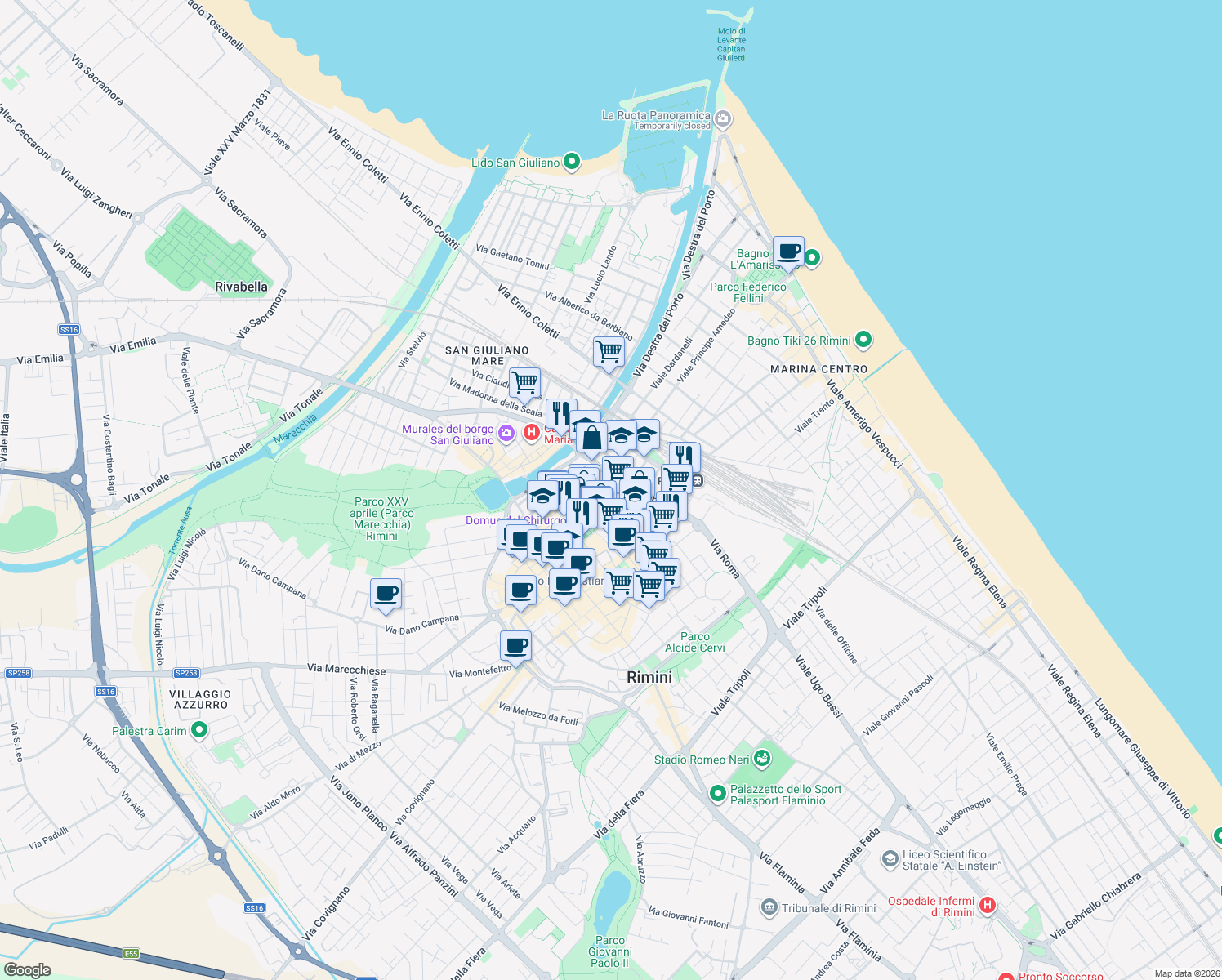 map of restaurants, bars, coffee shops, grocery stores, and more near 5 Via Vittime civili di guerra in Rimini
