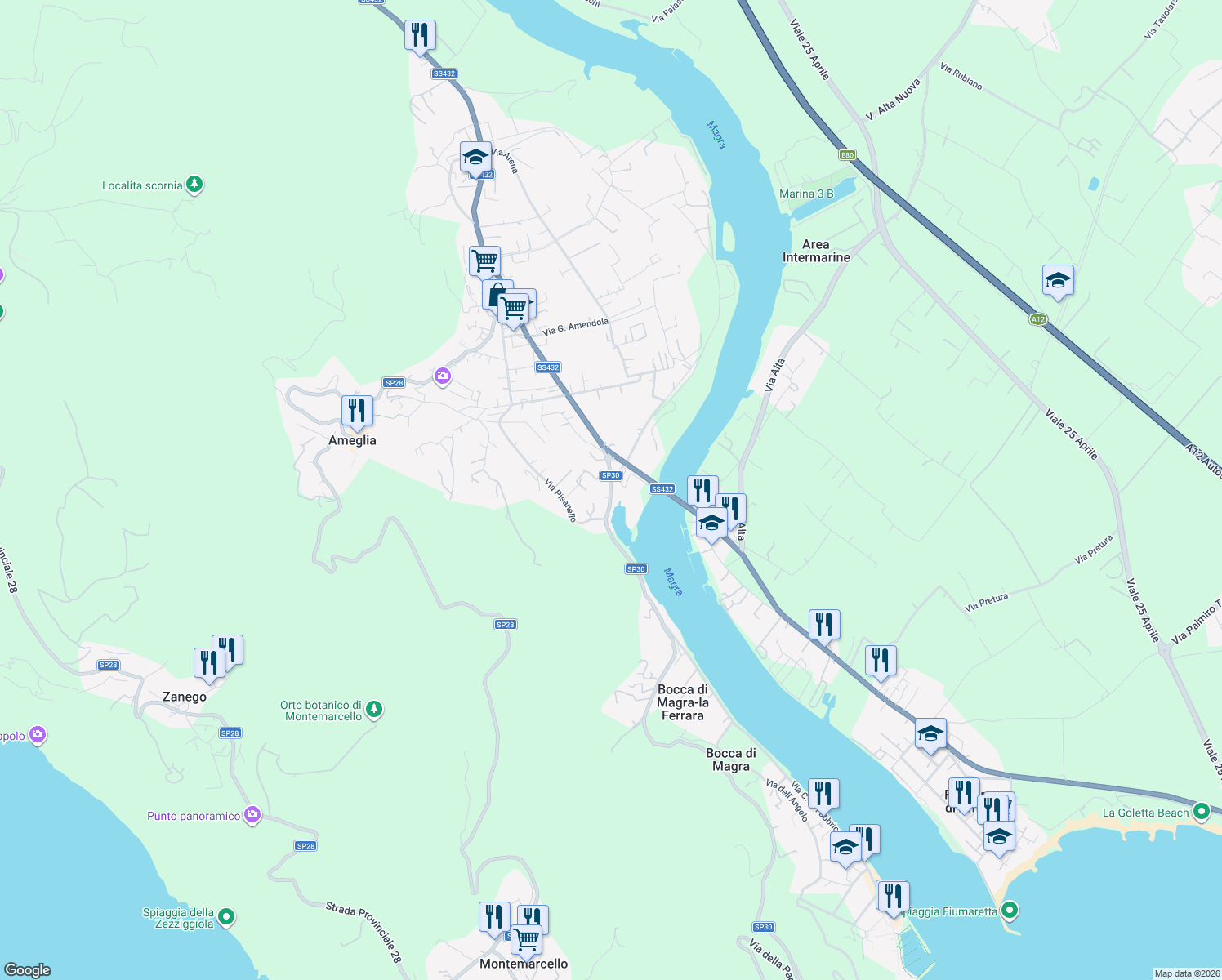map of restaurants, bars, coffee shops, grocery stores, and more near 6A Via Persio in Ameglia