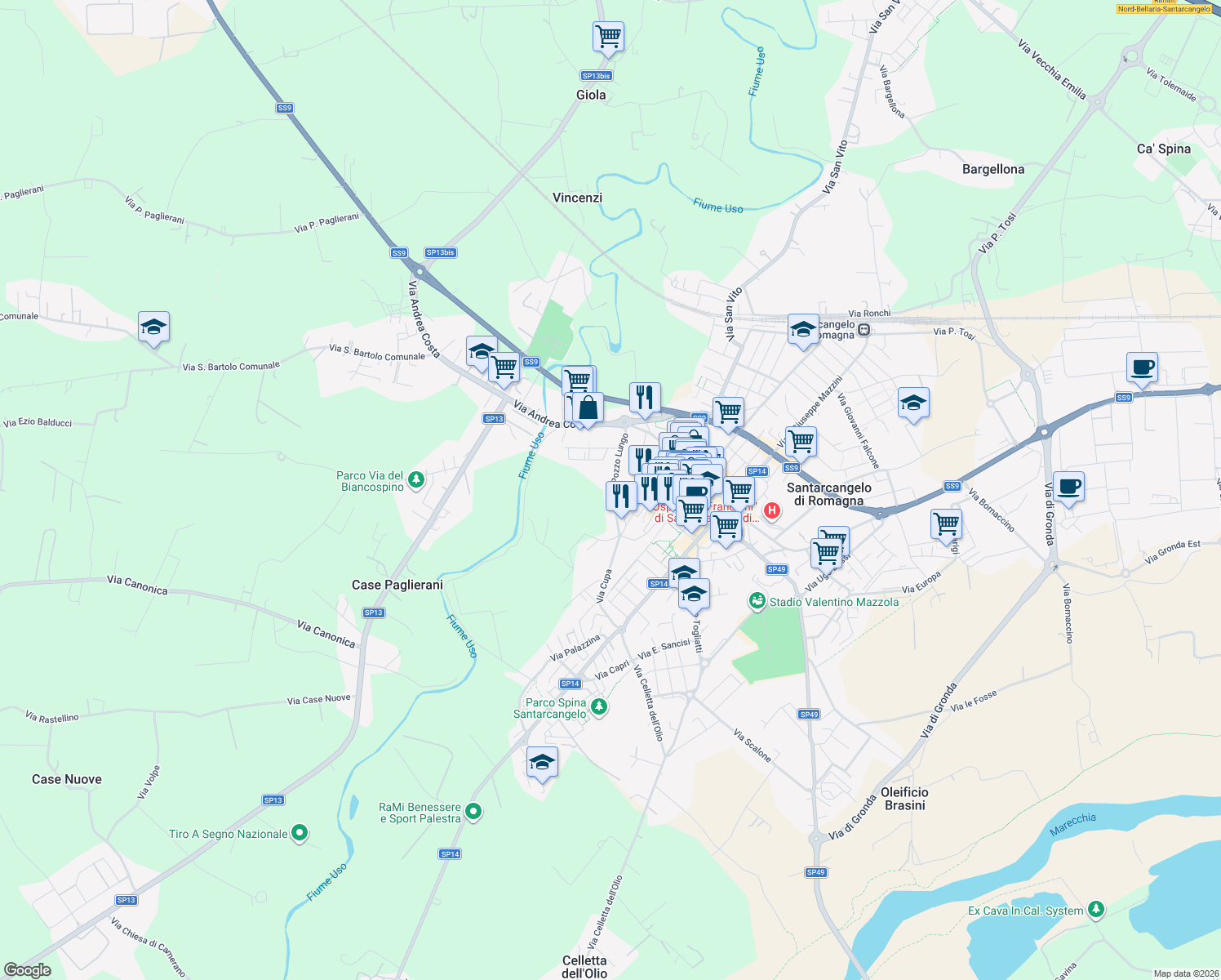 map of restaurants, bars, coffee shops, grocery stores, and more near 121 Via Andrea Costa in Santarcangelo di Romagna