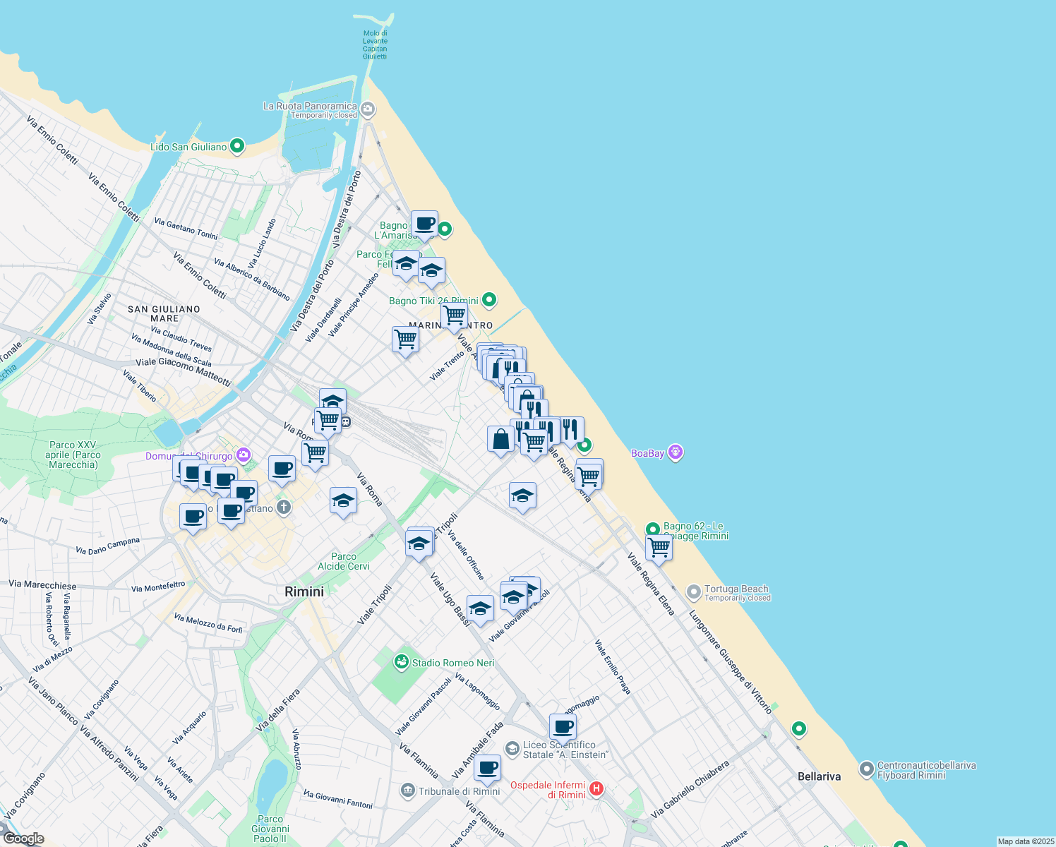map of restaurants, bars, coffee shops, grocery stores, and more near 135 Viale Amerigo Vespucci in Rimini