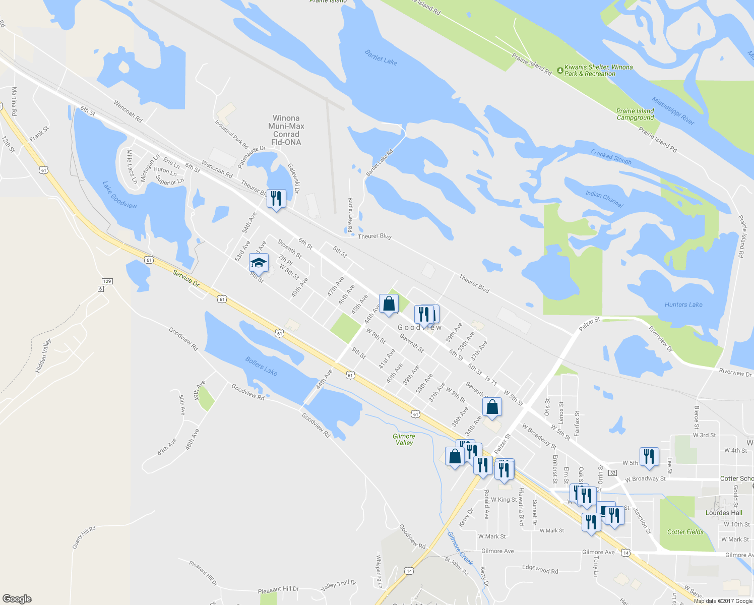map of restaurants, bars, coffee shops, grocery stores, and more near 625 44th Avenue in Goodview