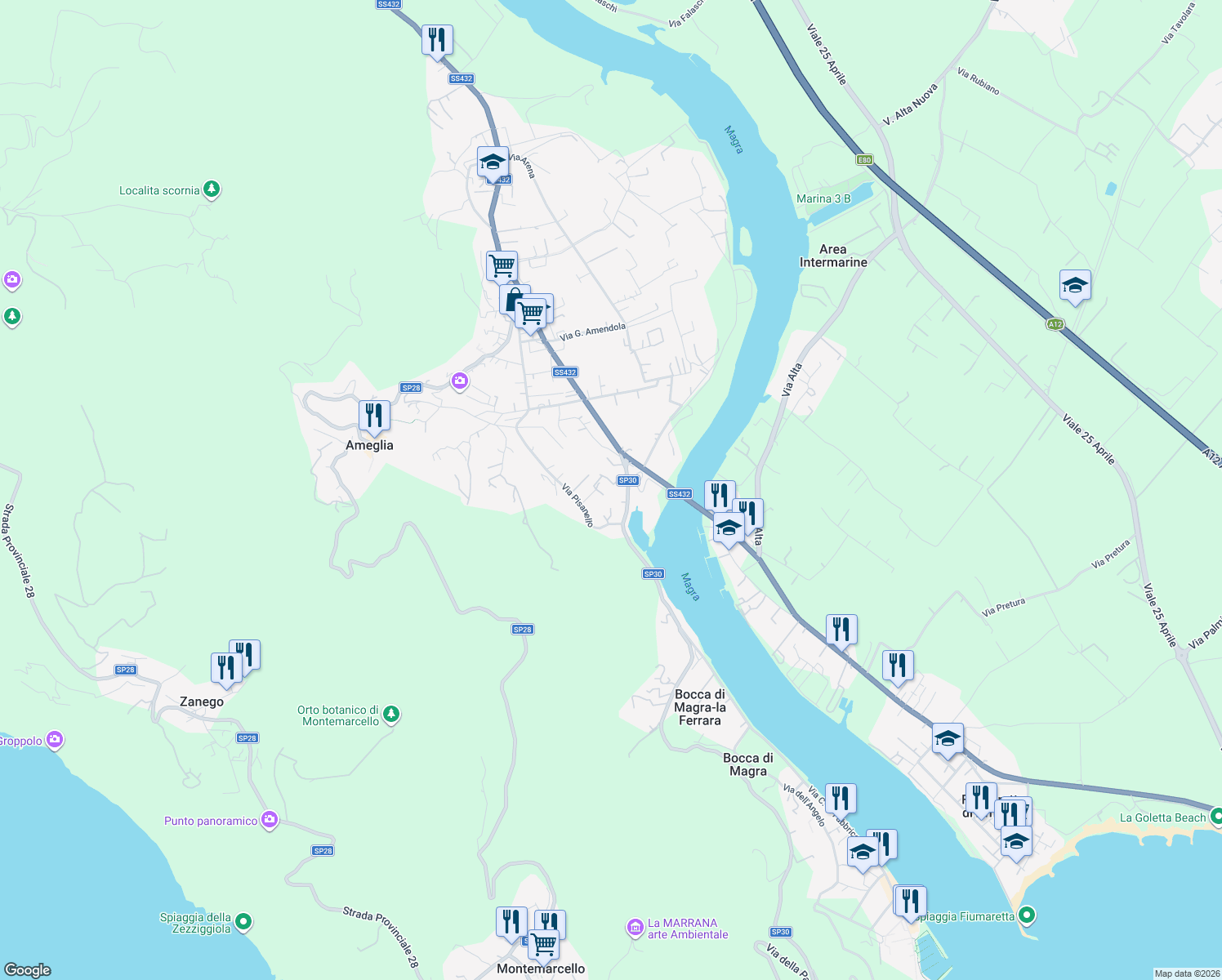 map of restaurants, bars, coffee shops, grocery stores, and more near 199A Via Pisanello in Ameglia